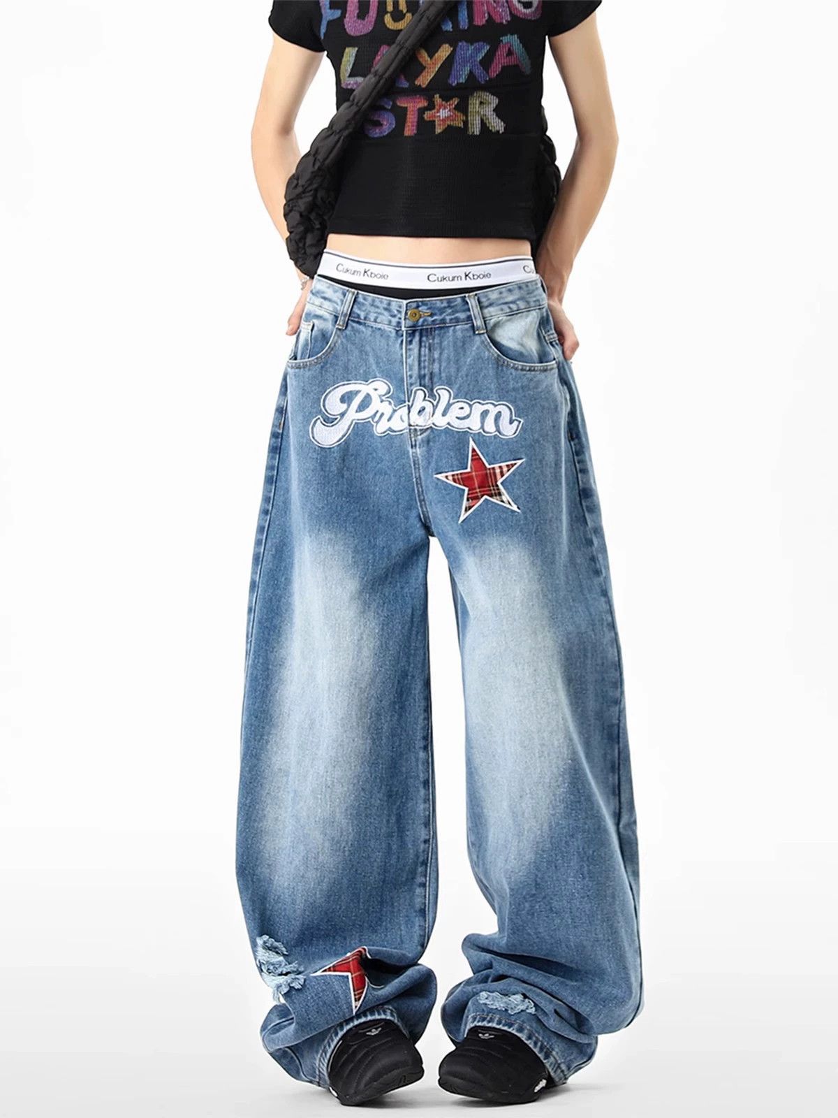Jean Men's hiphop casual loose star patch ripped scimitar jeans Size US 32 / EU 48 - 1 Thumbnail