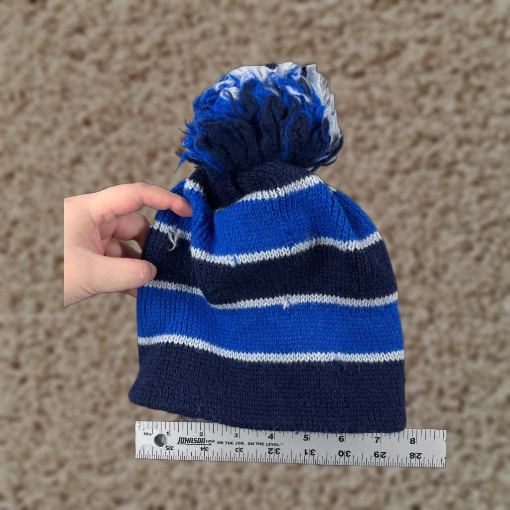 Vintage Smiley Beanie Adult One Size Blue Knit Stripe Wool Spandex Winter Pom Ski Hat/Cap Beanie Mens Womens Unisex Adults Knit Style Logo Ski 90s Size ONE SIZE - 1 Thumbnail