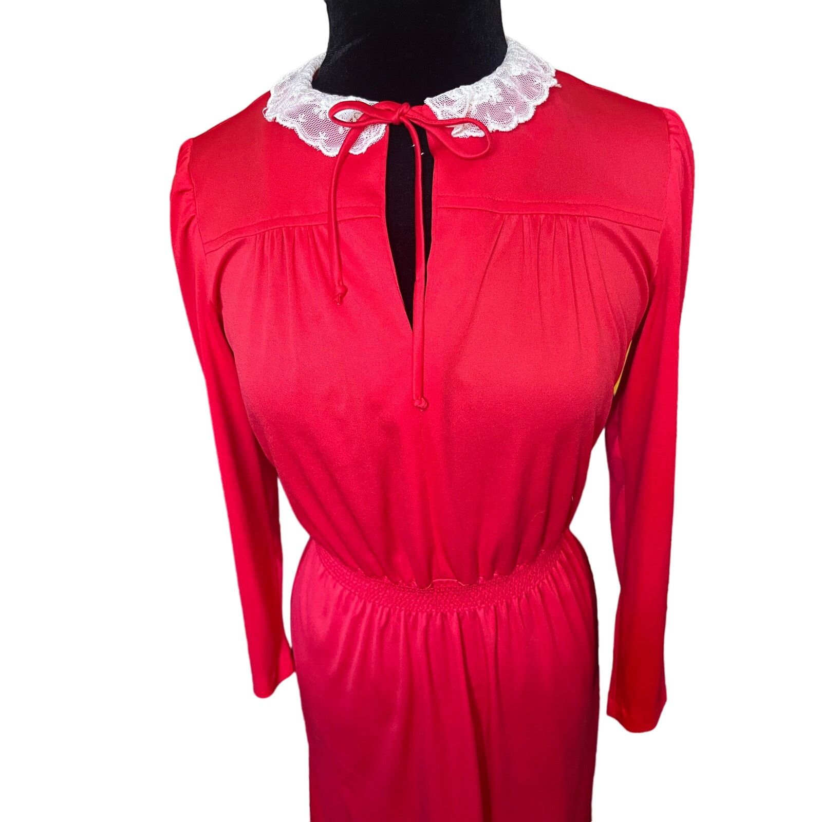 Vintage Vintage 70s Red Lace Collar Long Sleeve Midi Dress XS Small Size S / US 4 / IT 40 - 2 Thumbnail