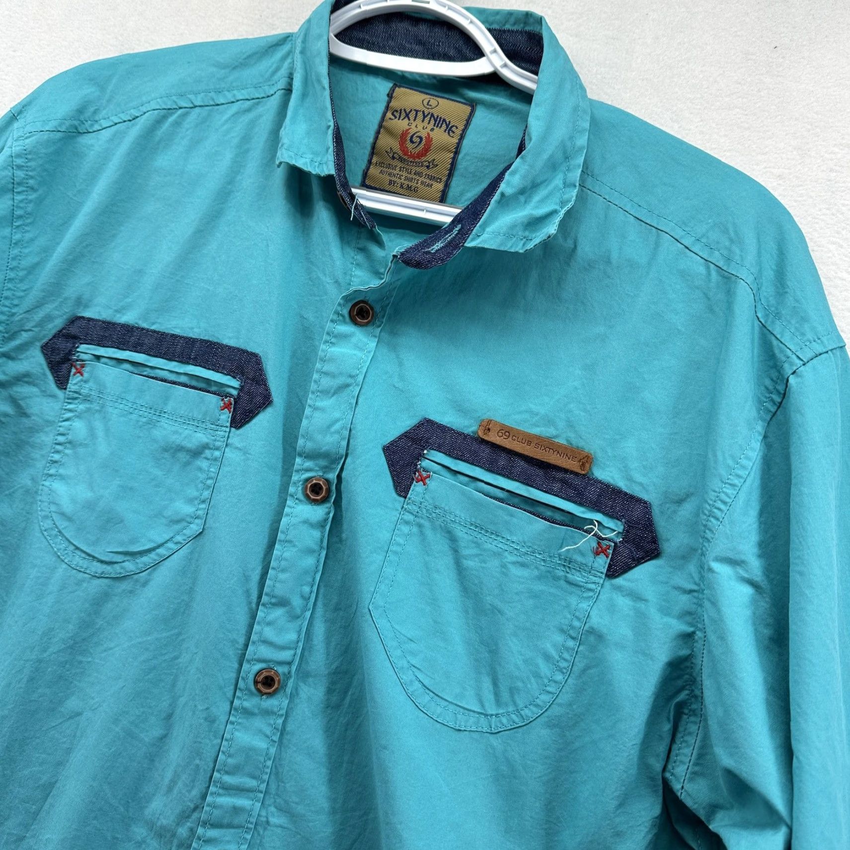 Denime Sixtynine Club Shirt Mens Large Turquoise Blue Long Sleeve Button Up Denim Trim Size US L / EU 52-54 / 3 - 2 Thumbnail