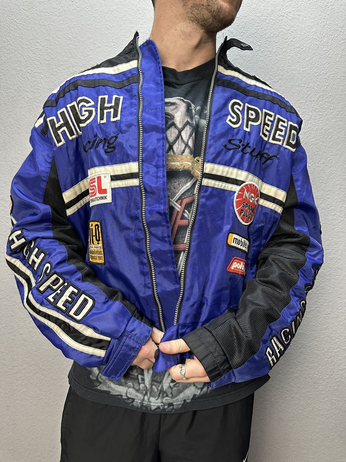 image of High Speed Racing Team Moto Jacket Y2K Streetwear in Blue, Men's (Size Medium)
