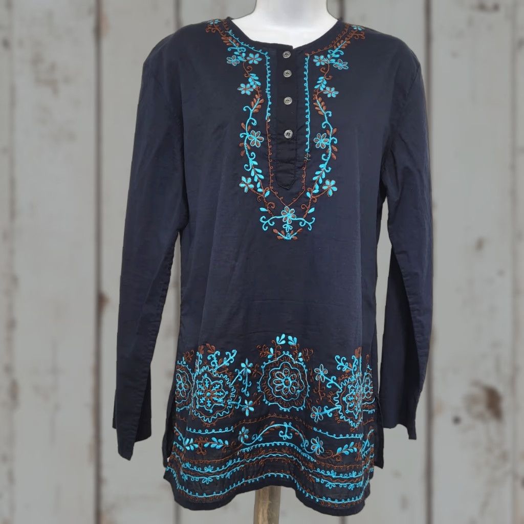 Vintage Cejon Blouse Women's M/L Black Teal Embroidered Long Sleeve Tunic Boho Shirt Dress? Size M / US 6-8 / IT 42-44 - 1 Thumbnail