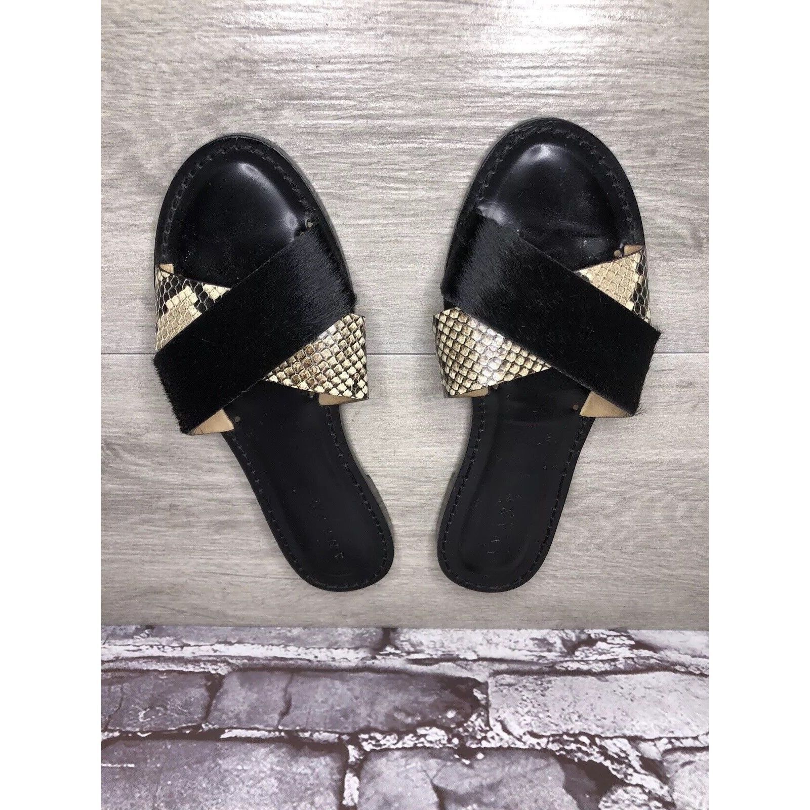 Other Amanu Black Calf Hair Leather Python Cross Strap Slides Sand Size US 9 / IT 39 - 17 Thumbnail
