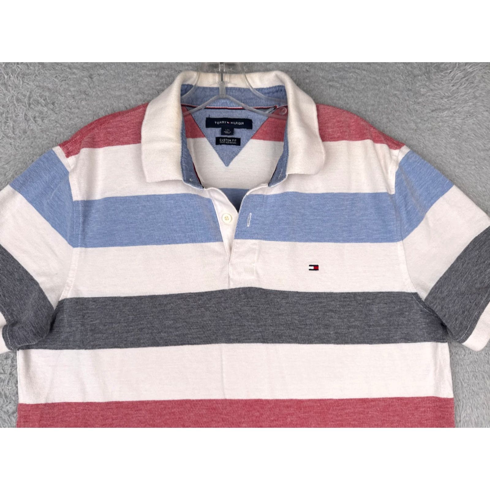 Tommy Hilfiger Tommy Hilfiger Polo Shirt Men Large White Blue Red Stripe Cotton Custom Fit READ Size US L / EU 52-54 / 3 - 4 Thumbnail