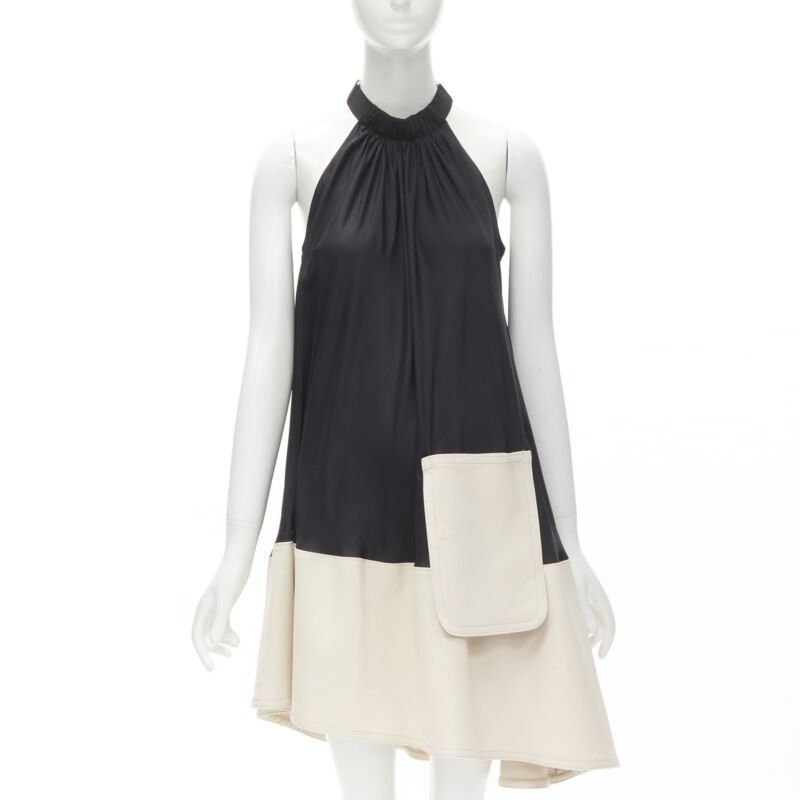 Tibi TIBI black beige polyester patch pocket buckle halter A-line dress US2 S Size S / US 4 / IT 40 - 1 Thumbnail
