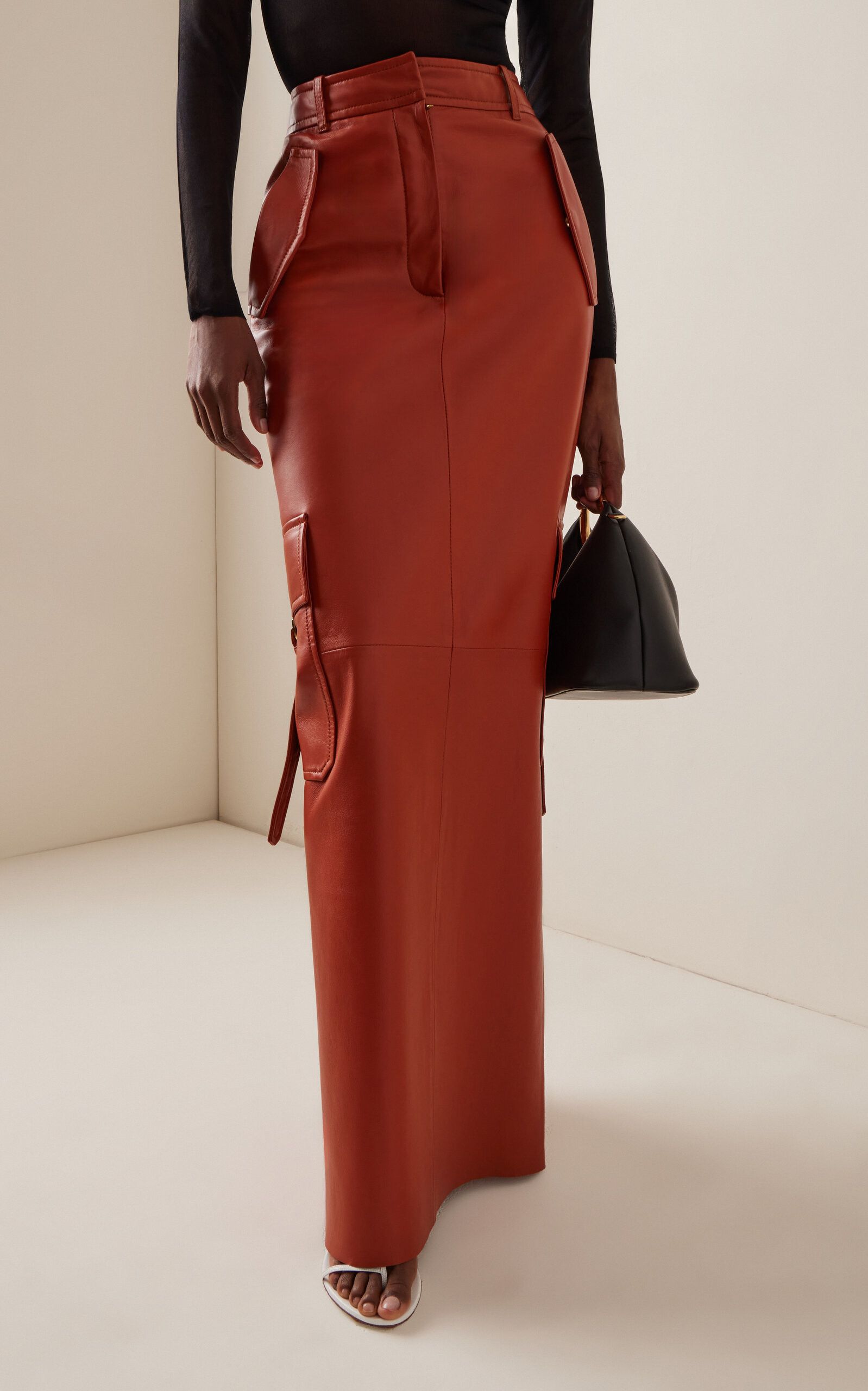 oc11z0725 Illustration Leather Cargo Maxi Skirt in Red