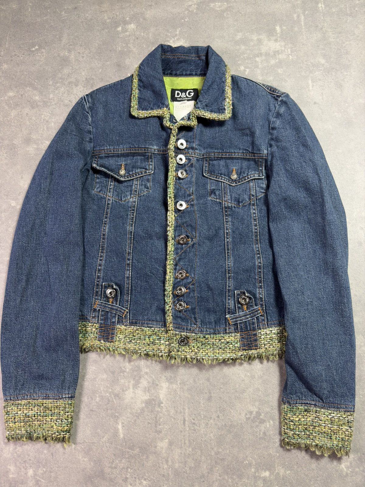 Dolce & Gabbana 00s D&G Dolce & Gabbana Tweed Trim Short Denim Jacket S Size S / US 4 / IT 40 - 6 Thumbnail