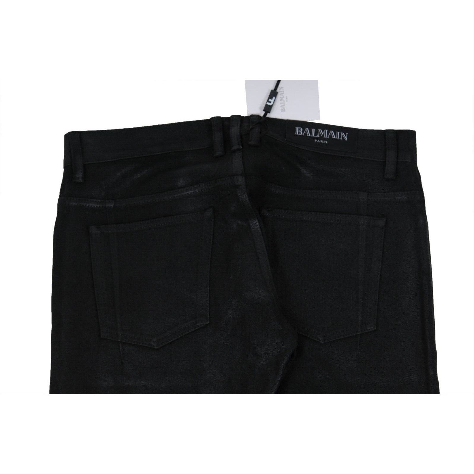 Balmain Waxed Jeans Black Slim Knee Slashed Distressed Size US 33 - 10 Thumbnail