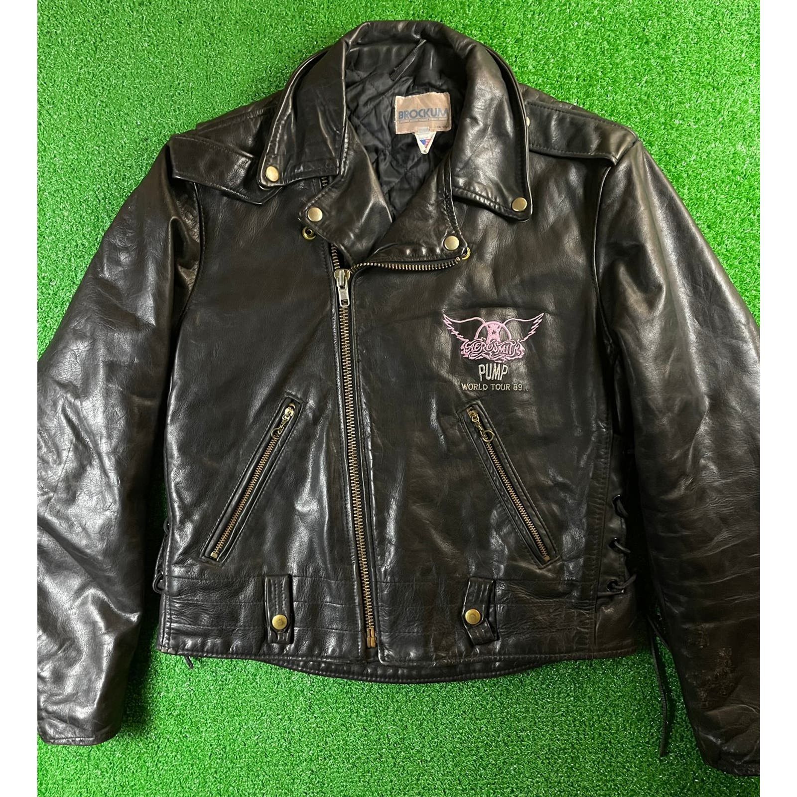image of Vintage 1989 Aerosmith Pump Tour Brockum 40 Leather Jacket in Black, Men's (Size Small)