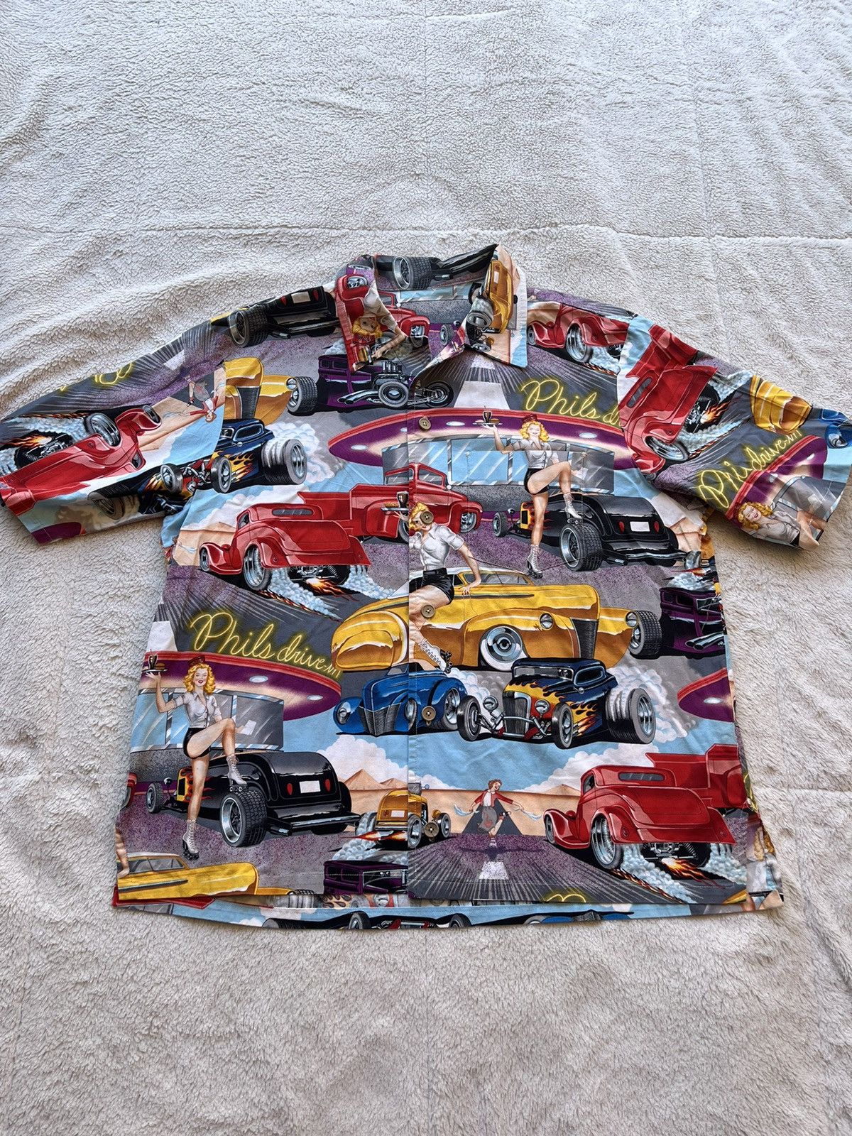 Handmade × Vintage Phil’s Drive In Diner Hot Rods 50s 60s Hawaiian Shirt Vtg Size US L / EU 52-54 / 3 - 1 Thumbnail