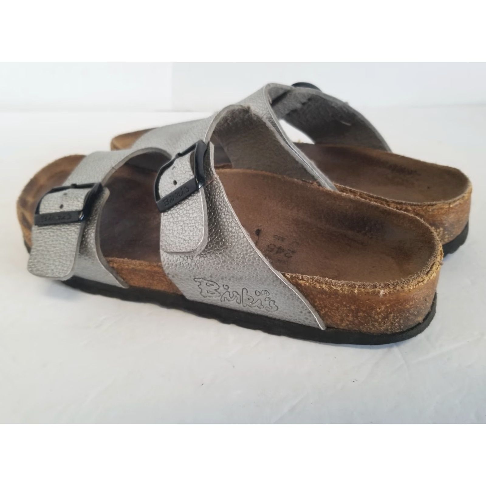 Birkenstock Birkenstock Sandals Birki's Womens 7 Silver Slip On Buckle Slide Shoes Leather Cork Rubber Flat Heel 1 in See All Pics Size US 7 / IT 37 - 4 Thumbnail
