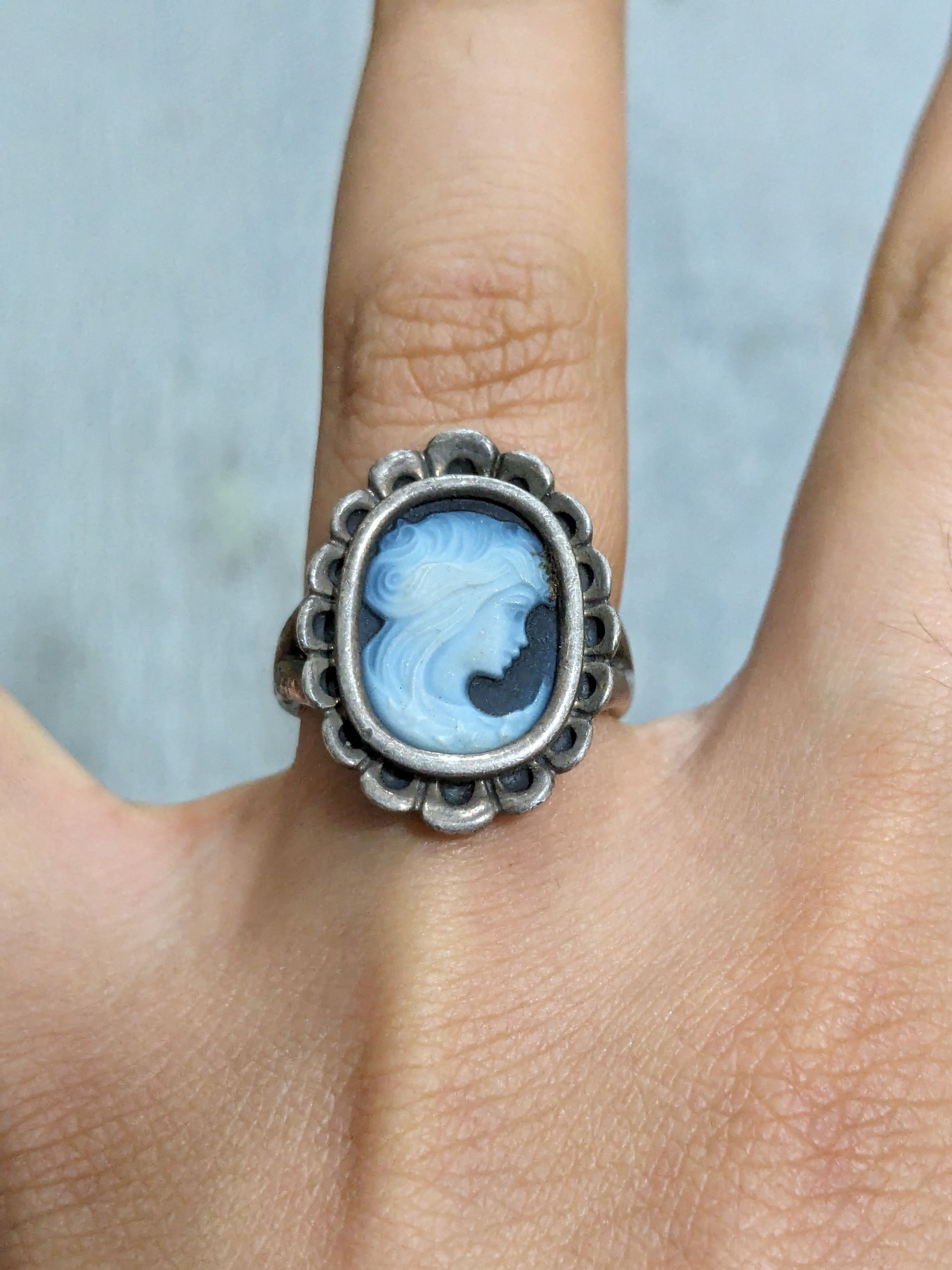 Jewelry × Sterling Silver × pandora Pandora Sterling Silver Cameo Ring Blue Agate Oval Lady Size ONE SIZE - 11 Thumbnail