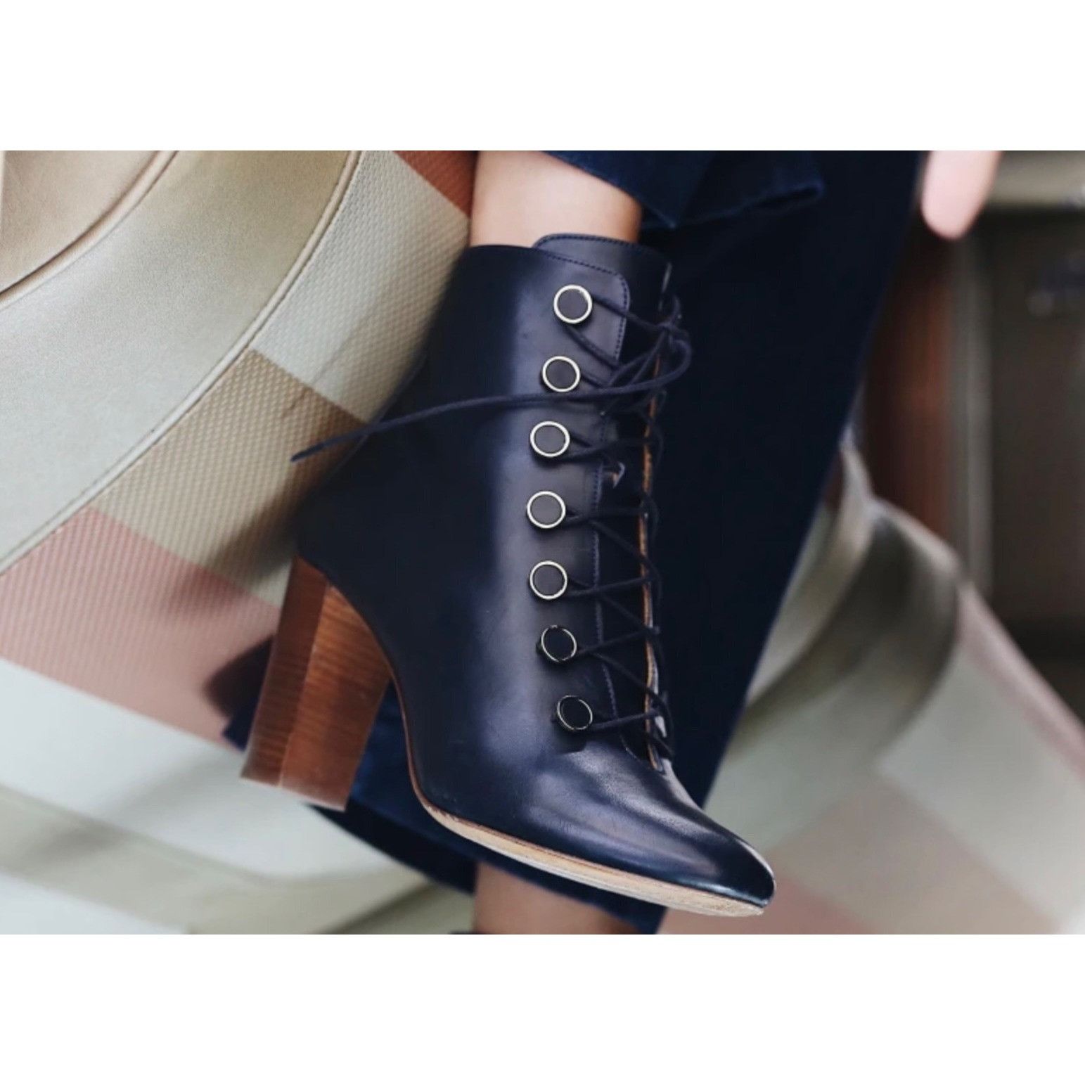 image of Nwb Sezane High Pauline Lace-Up Ankle Boots Navy Blue Golden, Women's (Size 4)