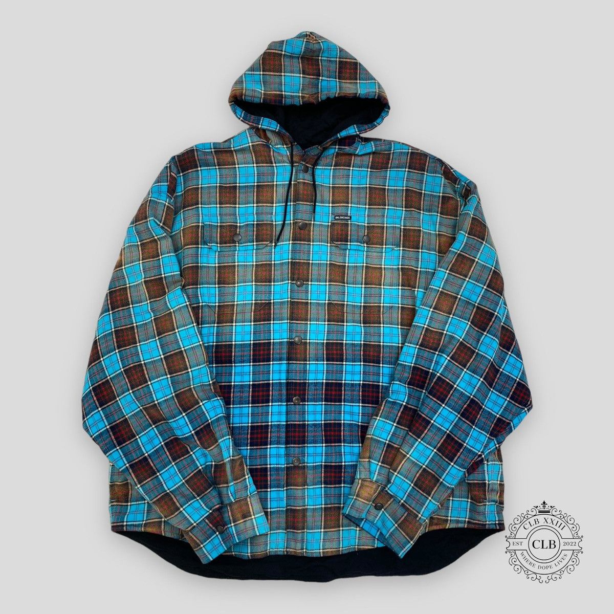 image of Balenciaga Bleached Plaid Hooded Flannel - Blue, Men's (Size XS)