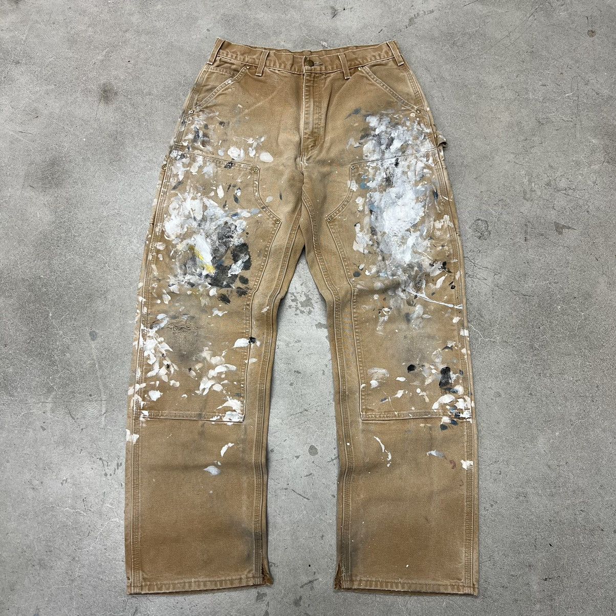 image of Carhartt Paint Splatter Double Knee Made Usa Faded in Tan, Men's (Size 31)