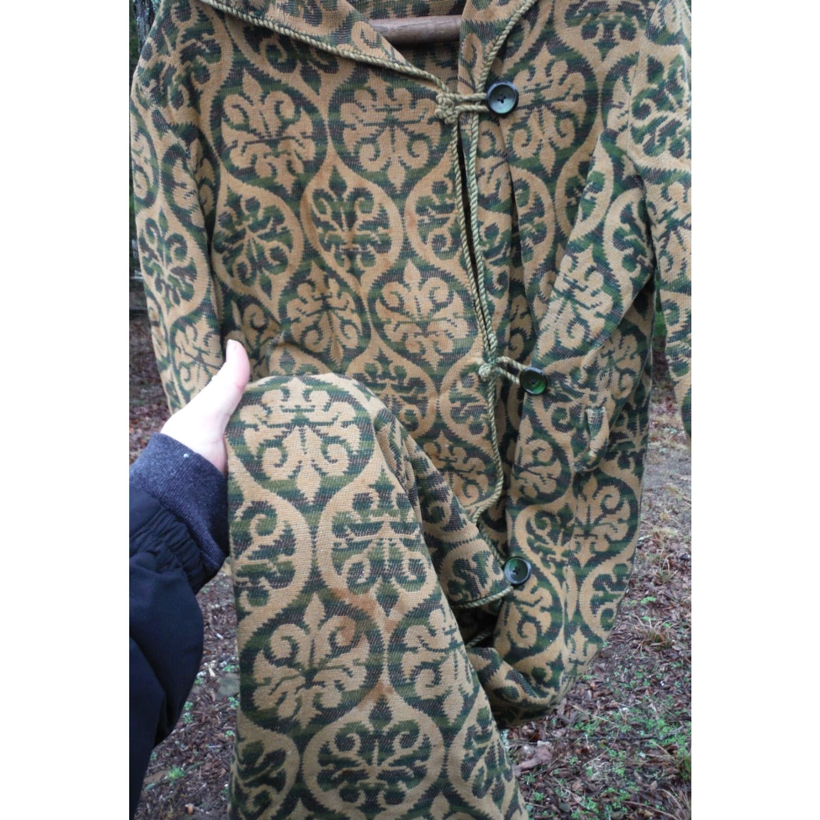 Vintage VINTAGE Womens Heavy Cotton Fleur De Lis Robe Green Marble Buttons Size Large Size ONE SIZE - 2 Thumbnail