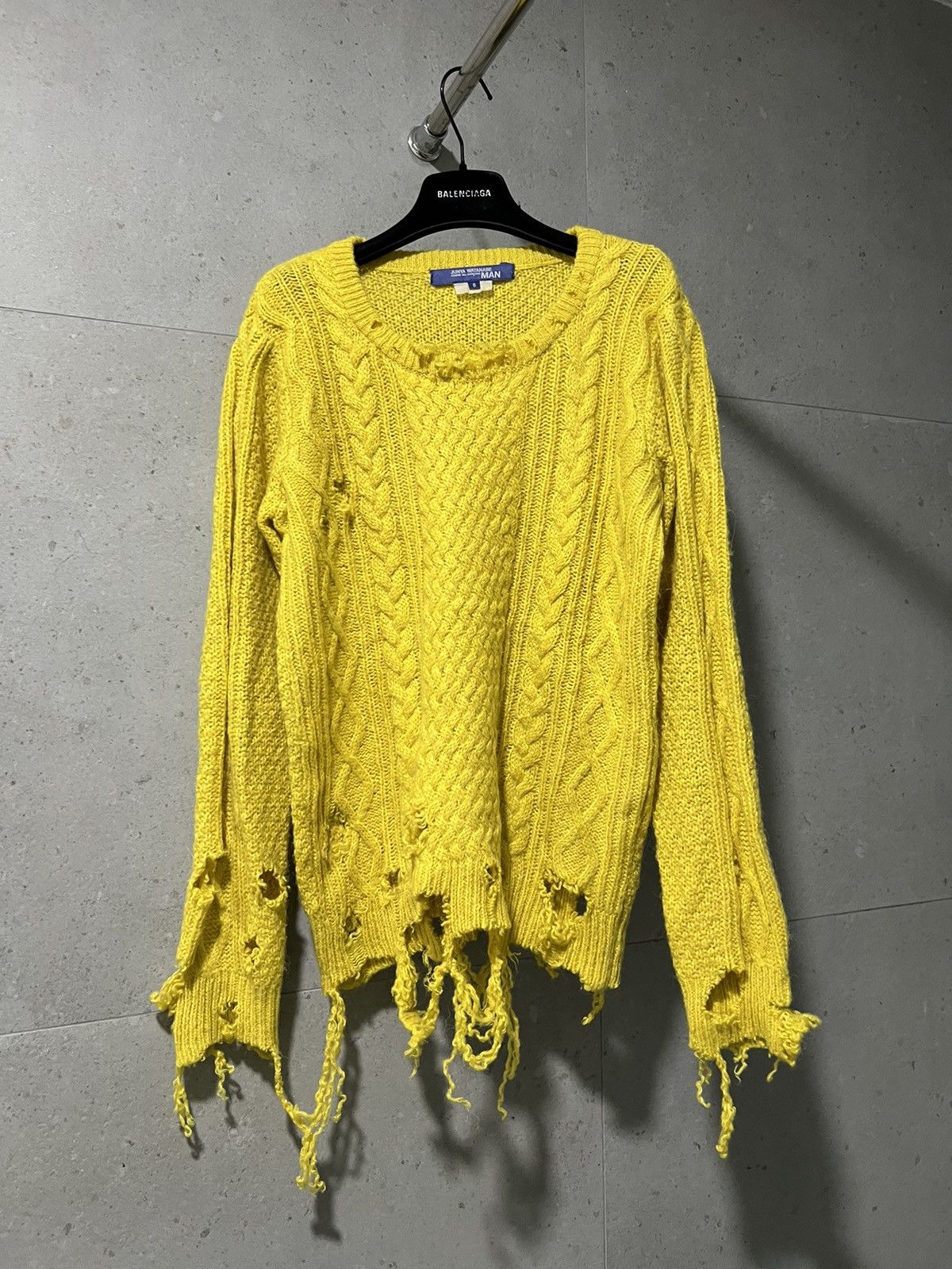image of Comme Des Garcons x Junya Watanabe Distress Grunge Cable Knit Sweater Punk in Yellow (Size Small)