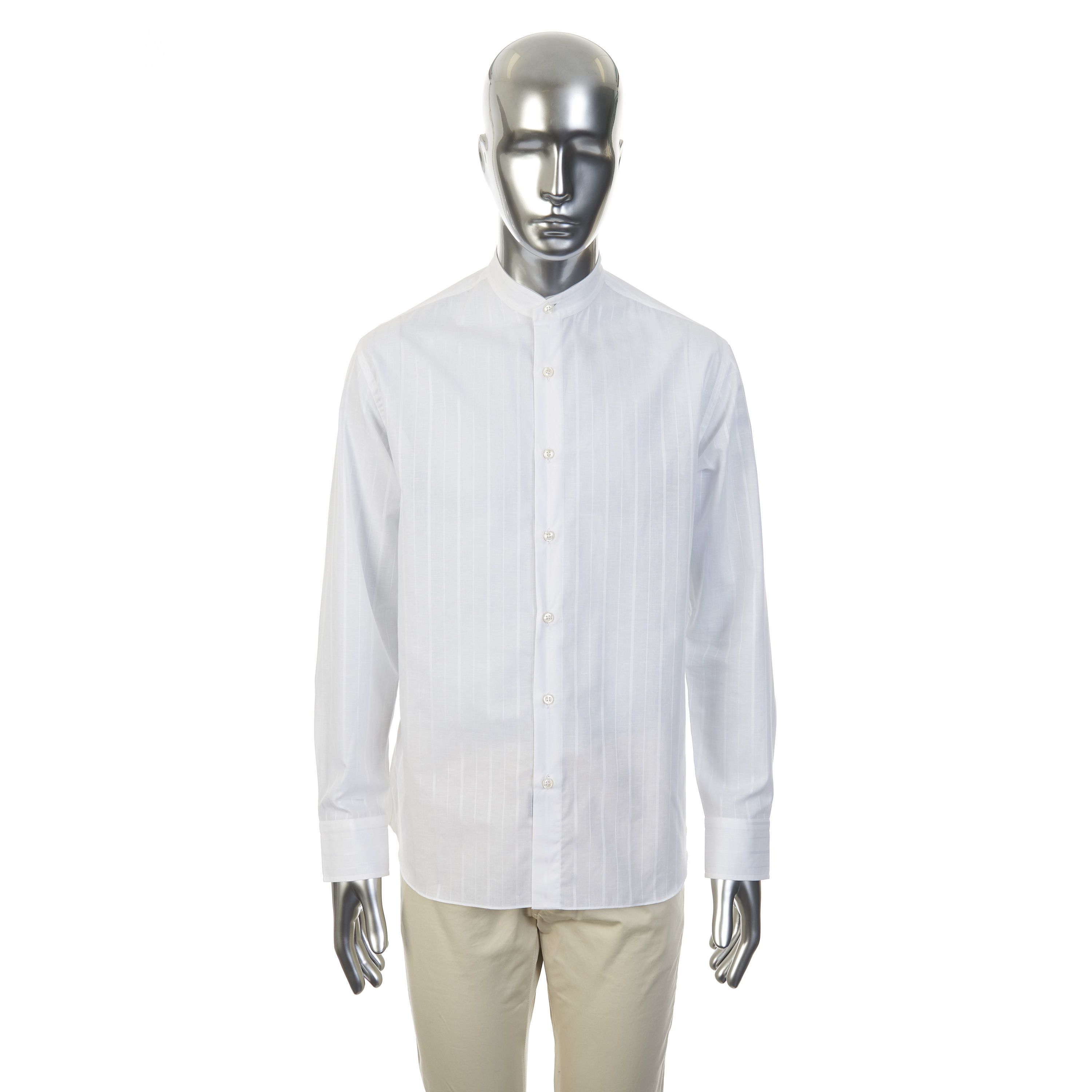 Brioni Mandarin Collar Shirt - Cotton & Linen, Jacquard Stripe Size US M / EU 48-50 / 2 - 2 Thumbnail