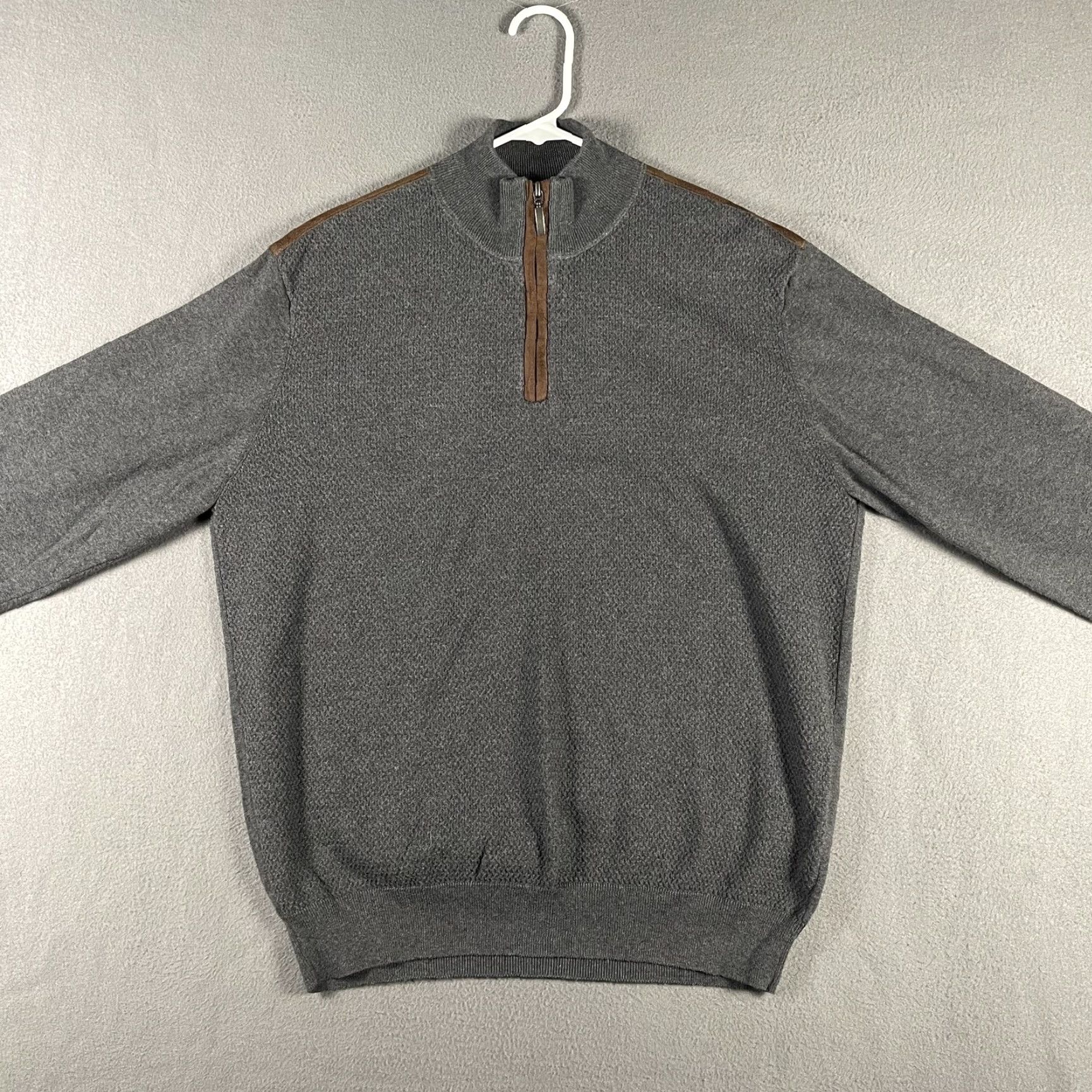 Vintage Alan Flusser Sweater Mens Large Gray Quarter Zip Pullover Brown Trim Cotton Sweatshirt Cardigan Beige Knit Size US M / EU 48-50 / 2 - 4 Thumbnail