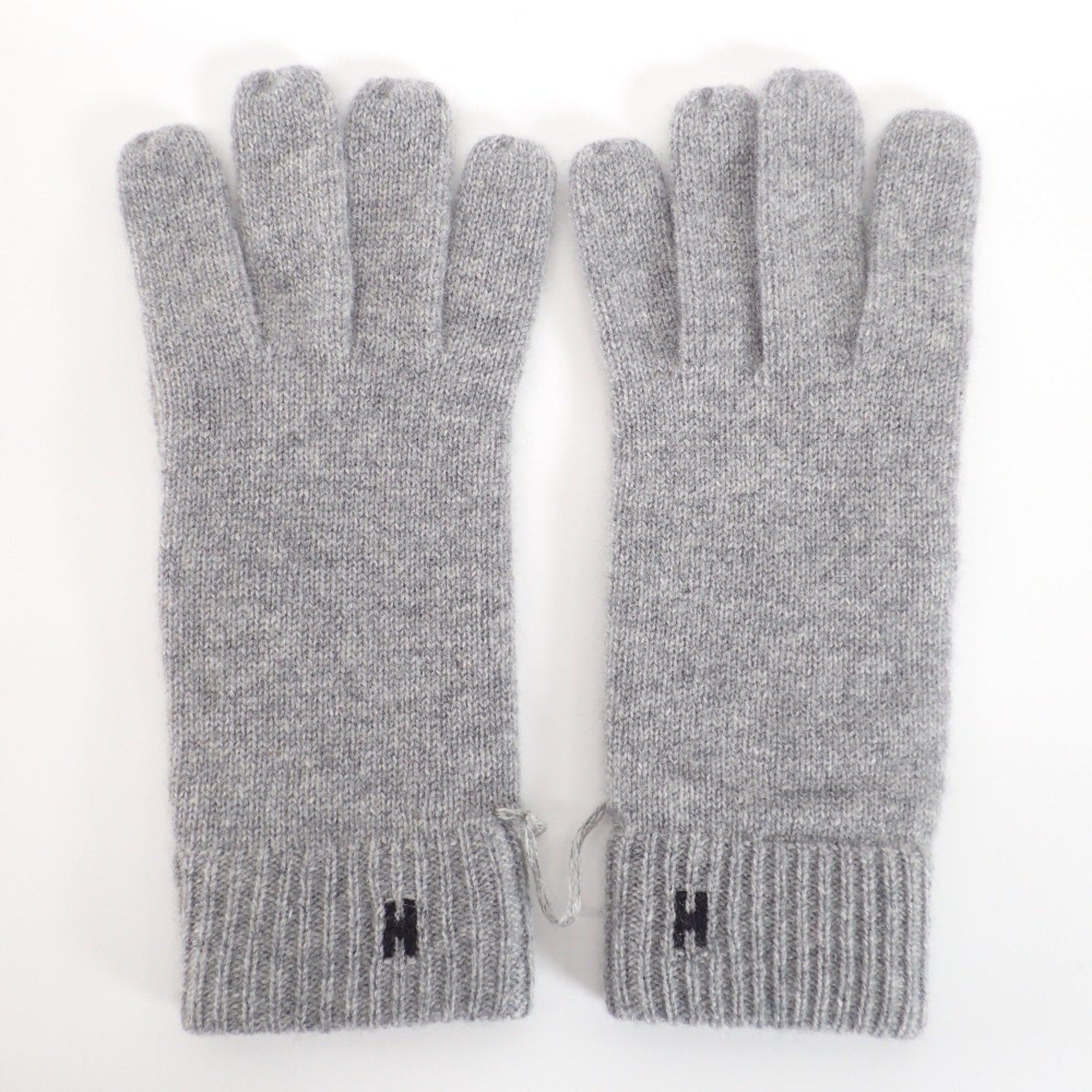 image of Hermes H Embroidered 100% Cashmere Gloves L Grey Men's