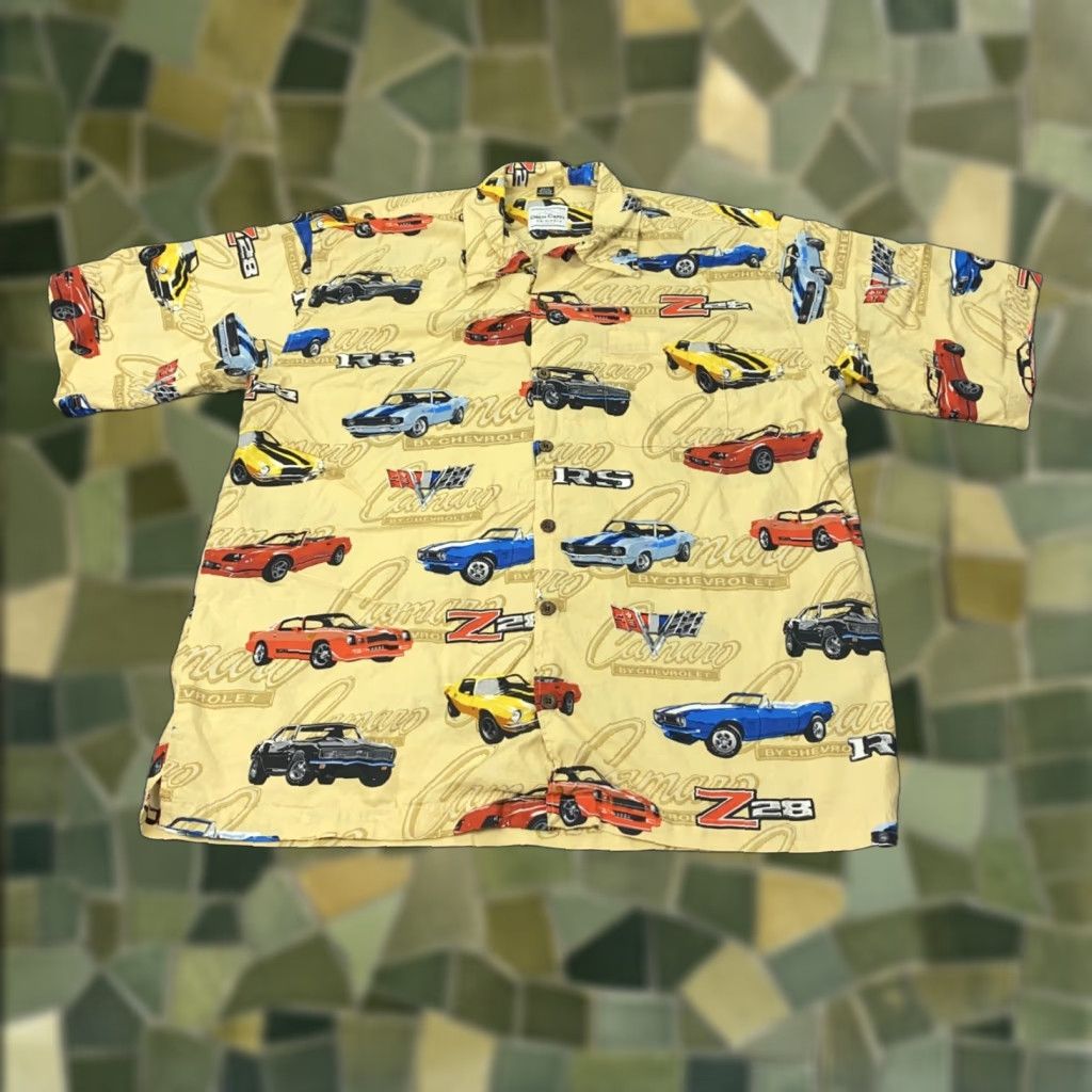 Vintage VINTAGE David Carey Camaro Z28 Shirt Mens 2XL Beige Yellow Short Sleeve Button-Up Graphic Print Cars Retro 90s Mens Size US XXL / EU 58 / 5 - 1 Thumbnail