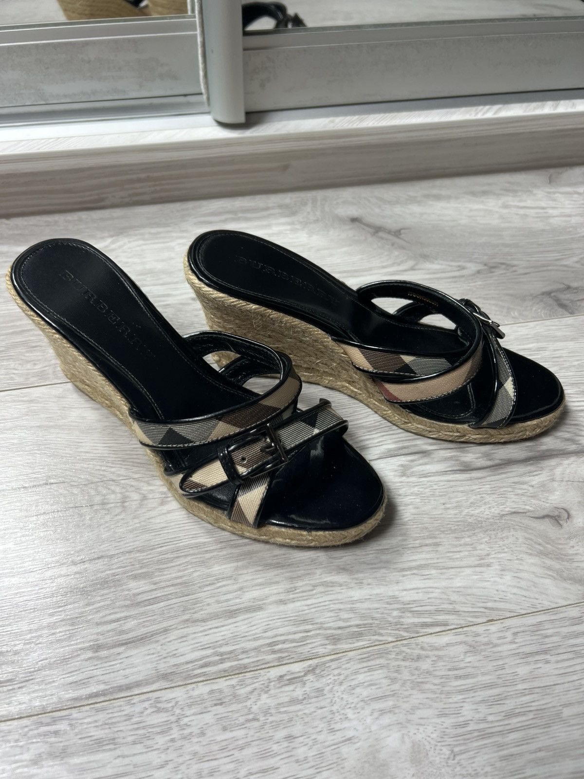 Burberry Women’s Nova Check Leather Wedge Espadrille Sandals