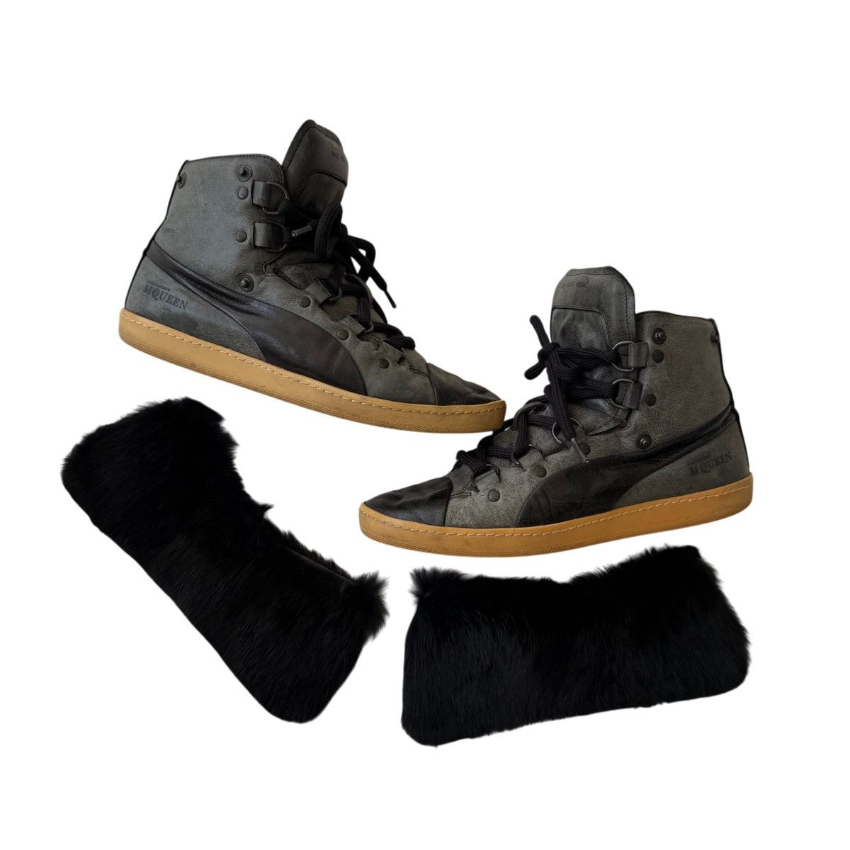 Alexander McQueen × Puma Alexander McQueen & Puma Rabbit Fur Black Leather Sneakers Size US 7 / IT 37 - 2 Thumbnail