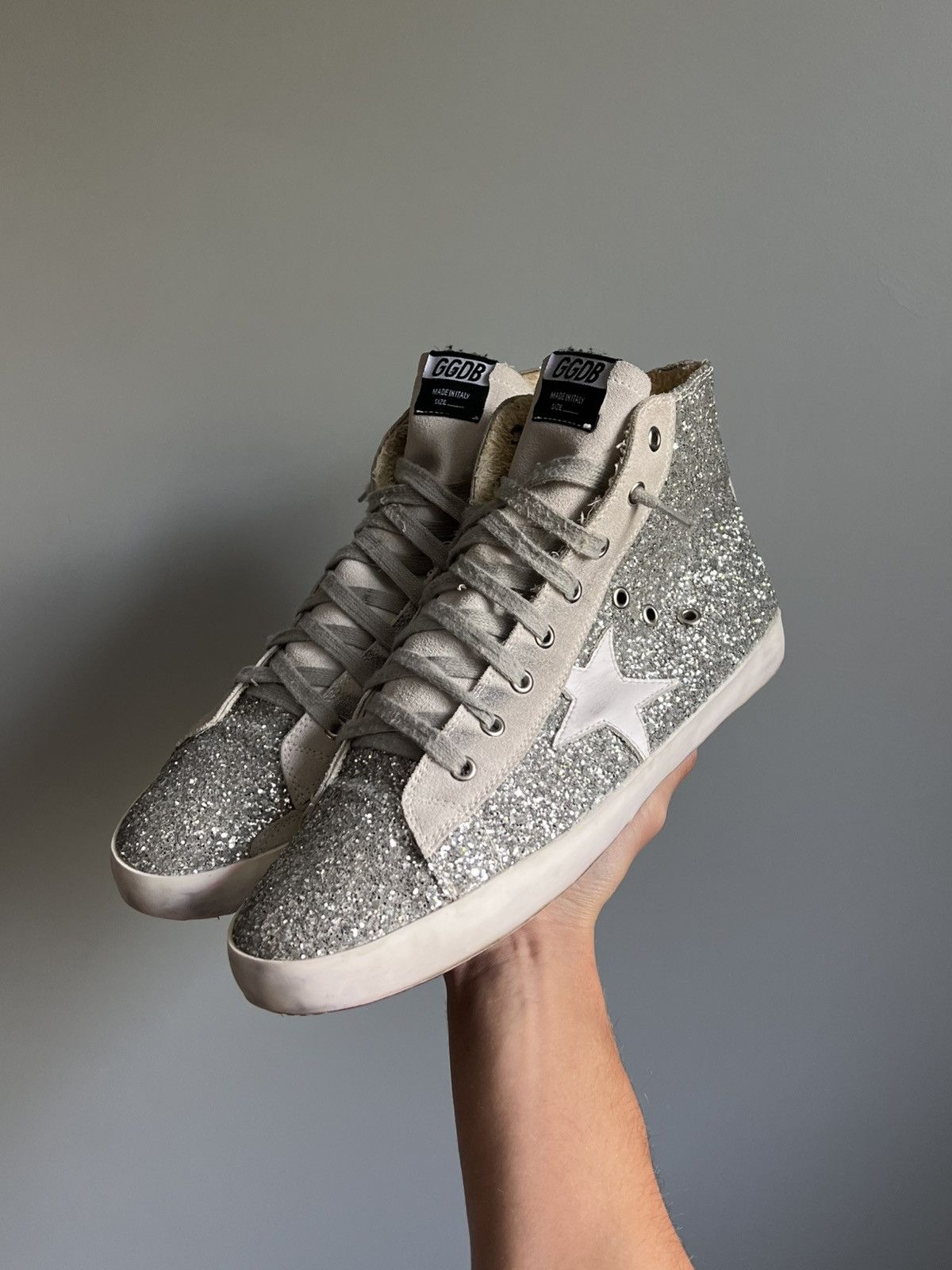 Golden Goose Golden Goose Superstar Glitter Silver High-Top Sneakers Size US 12.5 / EU 45-46 - 1 Thumbnail
