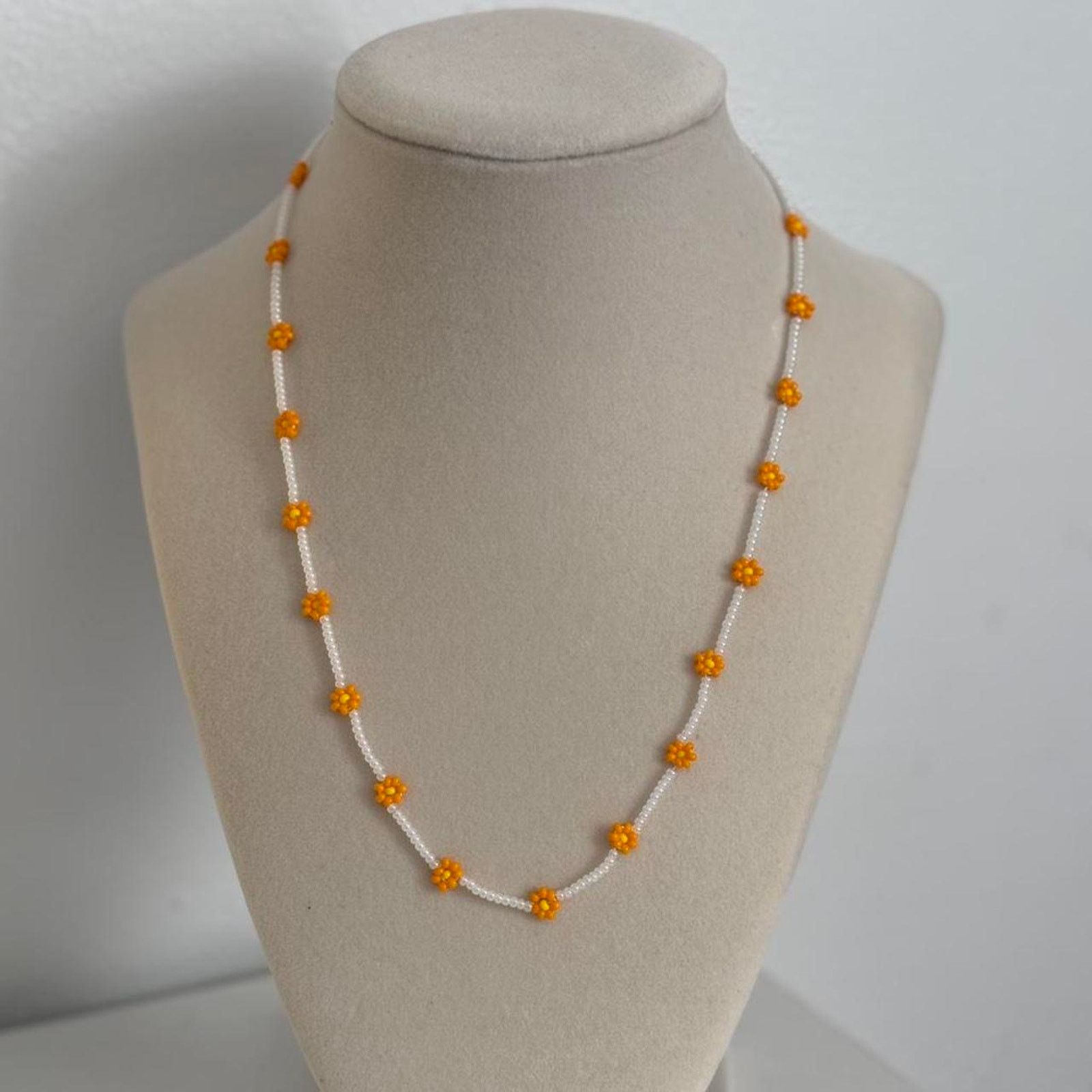 Other Orange White Beaded Flower Necklace Handmade Floral Jewelry Size ONE SIZE - 2 Thumbnail