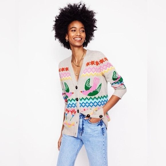 Boden Fair Isle Boyfriend Cardigan Oatmeal Melange Birds