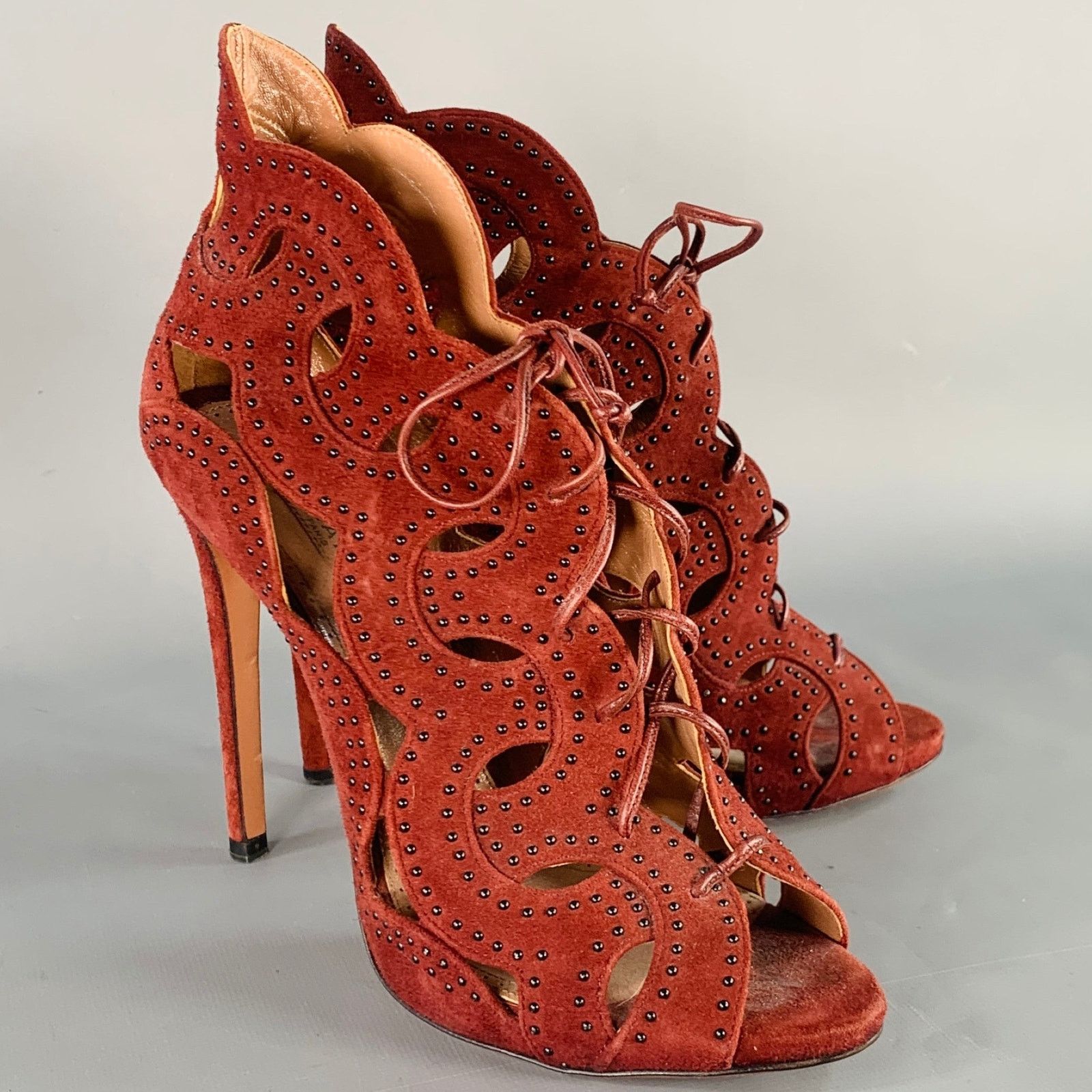 Alaia ALAIA Size 9.5 Burgundy Suede Studded Cutout Lace-Up Sandals Size US 9.5 / IT 39.5 - 1 Thumbnail