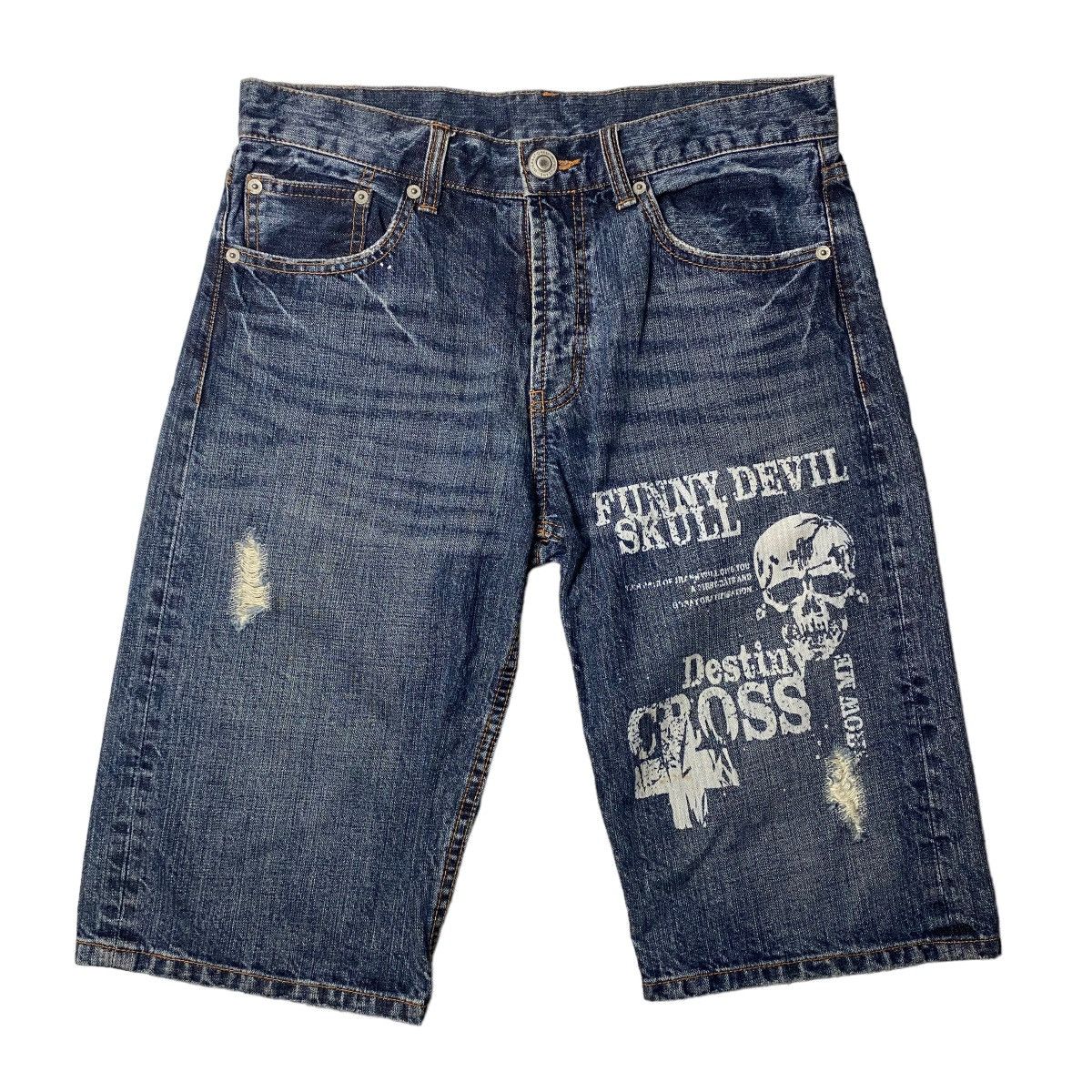 If Six Was Nine 2000's Japanese Poem Cross Skull Shorts Size US 31 - 1 Thumbnail