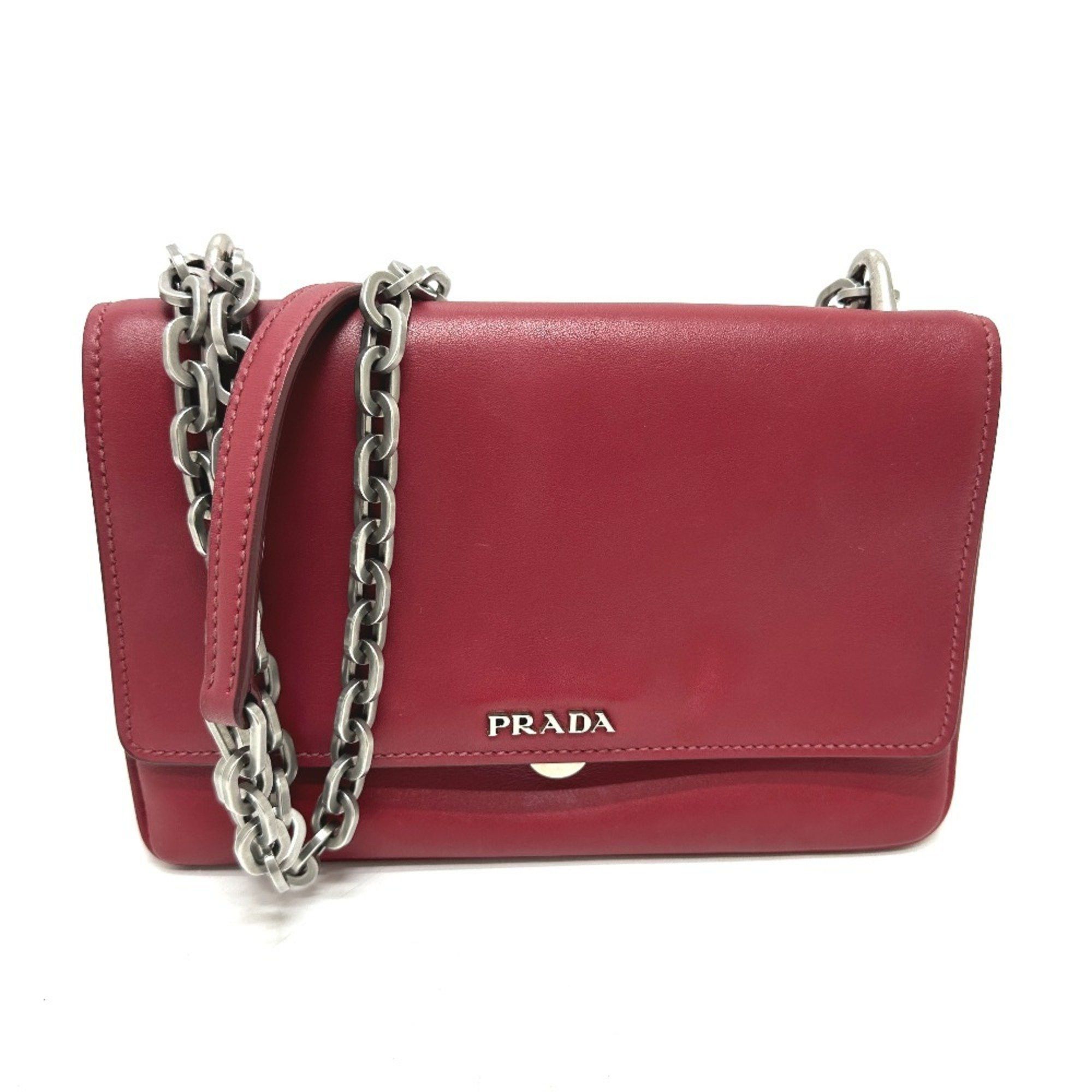 Prada 1Bd009 Logo Chain Bag Crossbody Shoulder Leather Women's Red