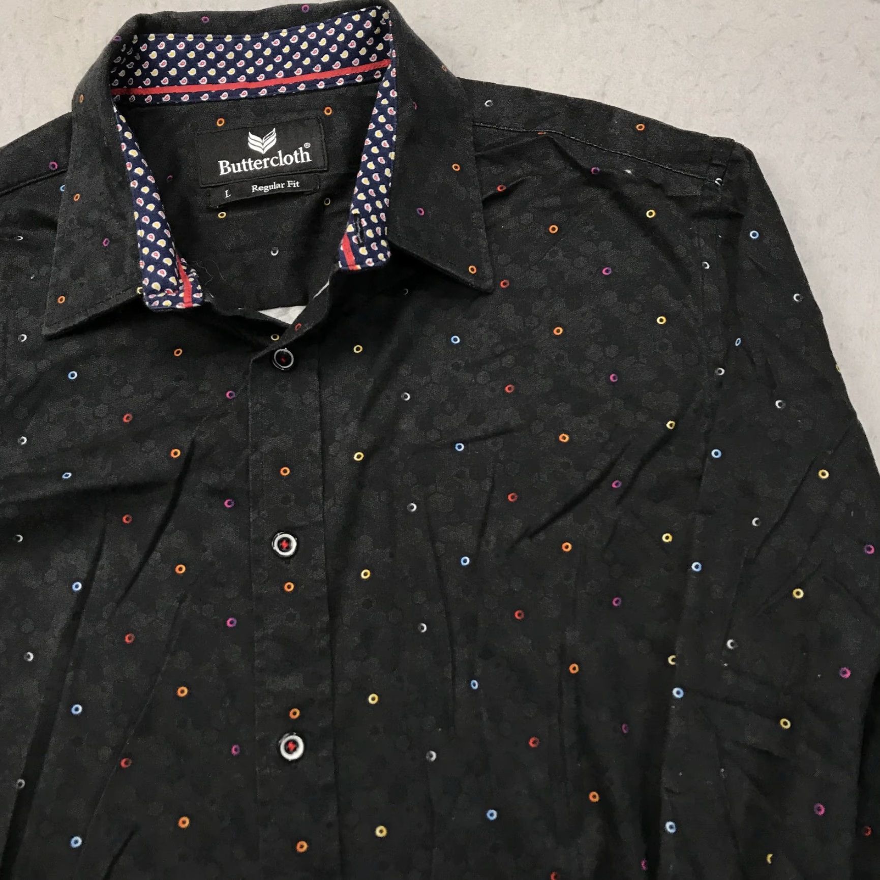 Vintage Buttercloth Shirt Mens Large Black Regular Flip Cuff Geometric Casual Cotton Size US L / EU 52-54 / 3 - 3 Thumbnail