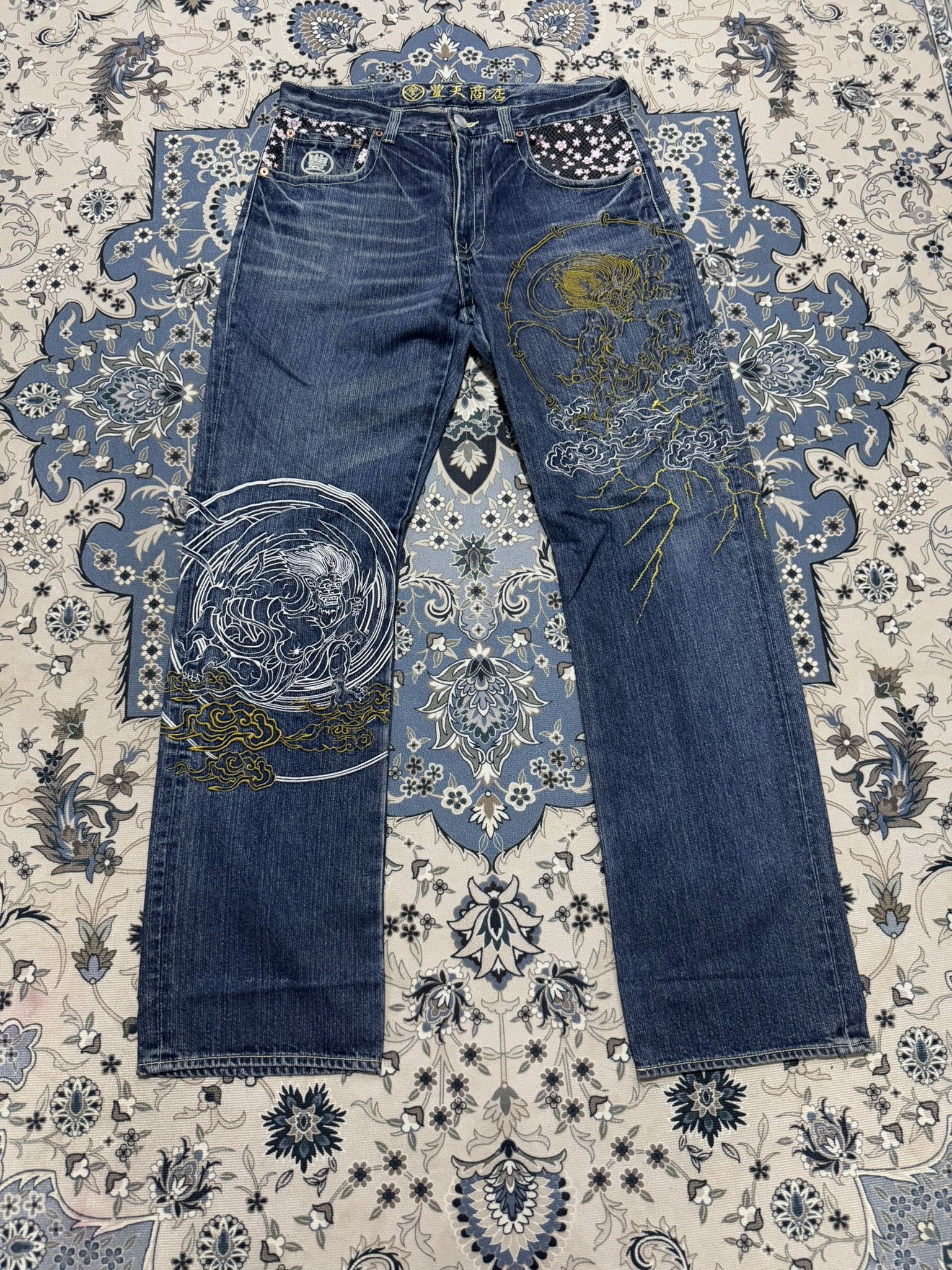 Vintage Buden Shoten Sukajan Raijin Fuijin Embroider Jeans