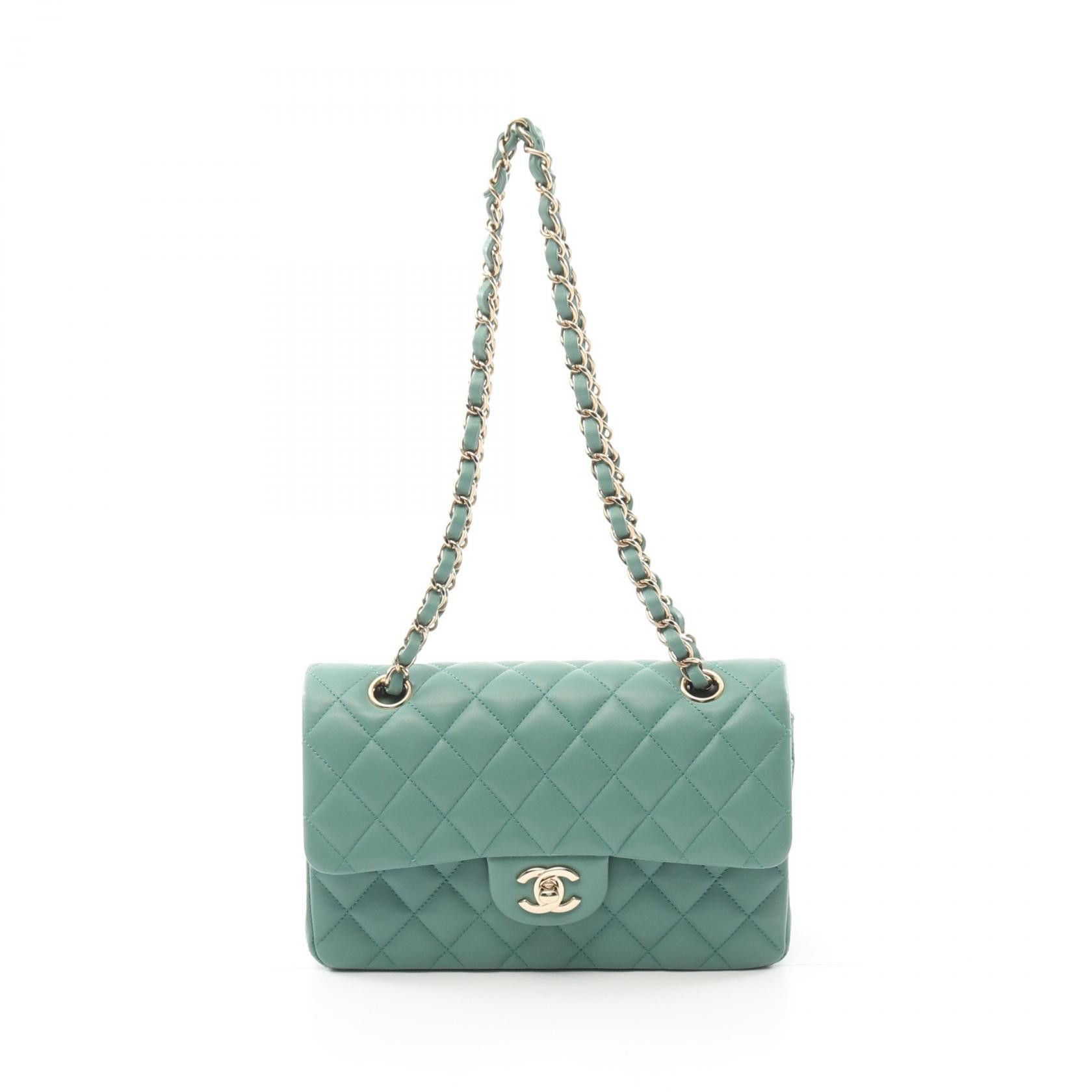 Chanel Chanel Matelasse W Flap Lambskin Shoulder Bag Leather Shoulder Bag A01112 in Green, Women's