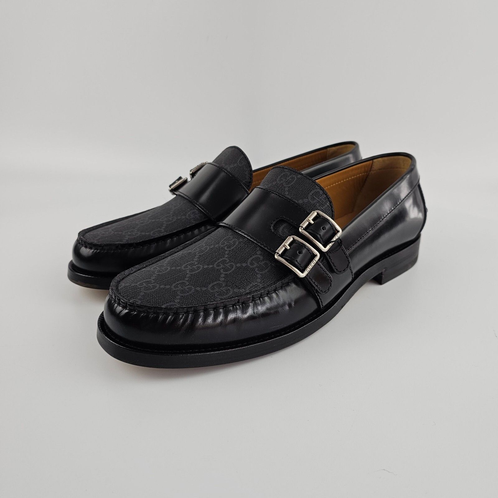 GUCCI Men's Black Mellenial Double Buckle GG Loafers New & A
