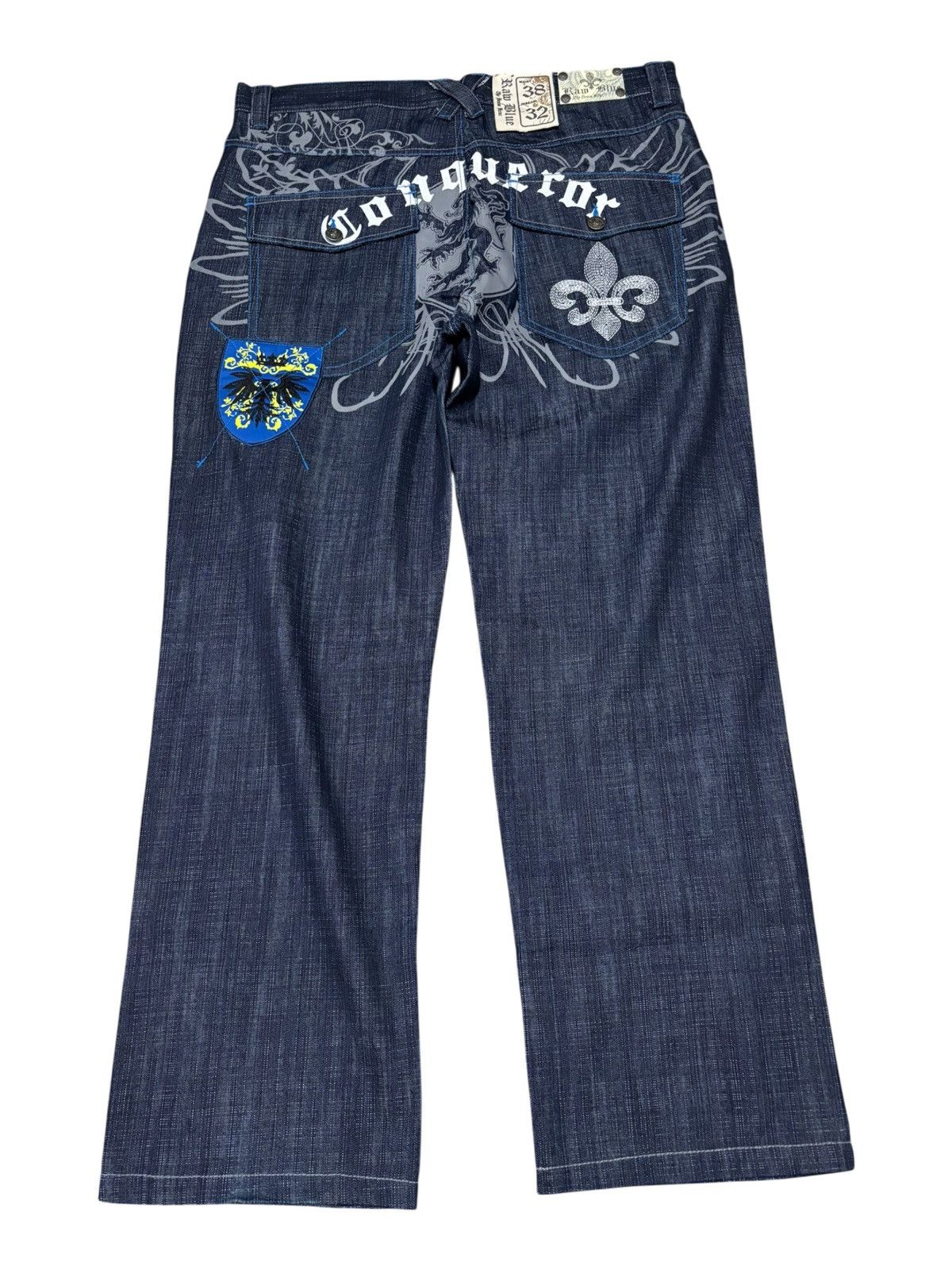 Raw Blue Jeans Men 38x32 Denim Embroidered Embellish Cross