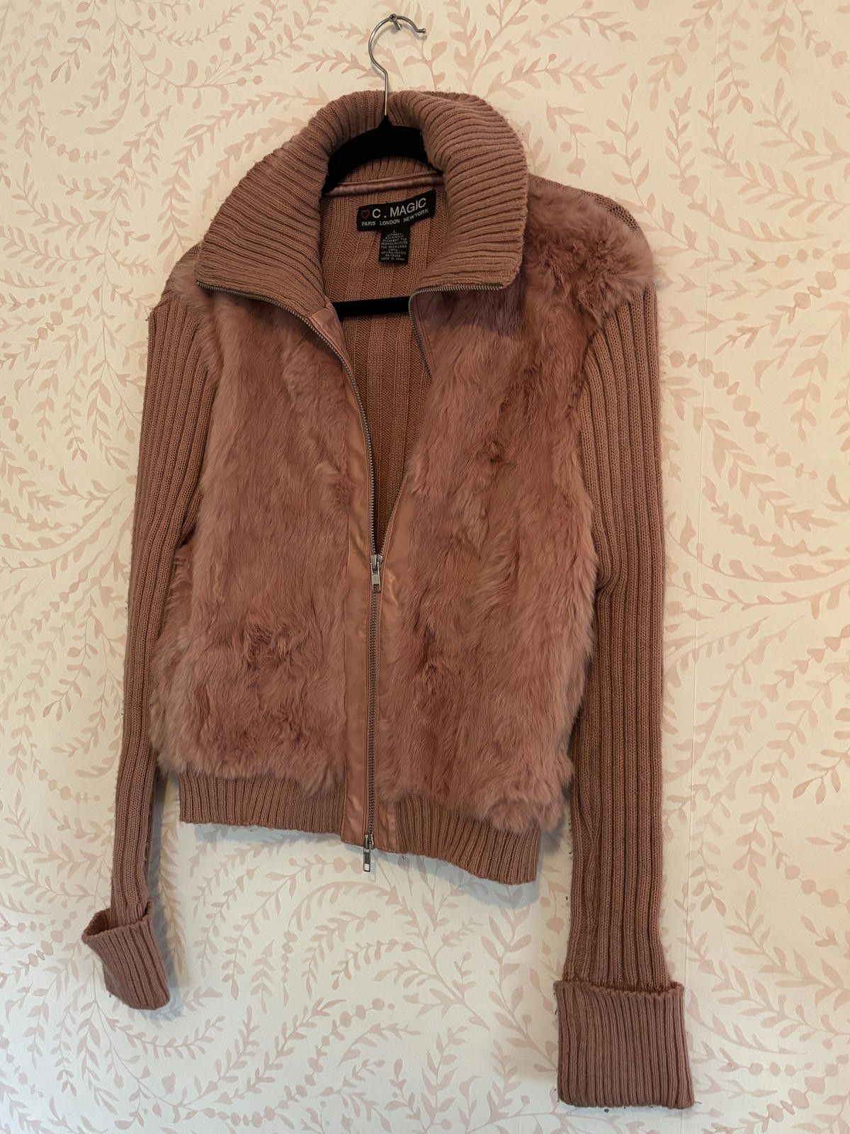 Designer C. Magic Women's AUTH Fur and Ribbed Knit Zip-Up Sweater L Size L / US 10 / IT 46 - 4 Thumbnail