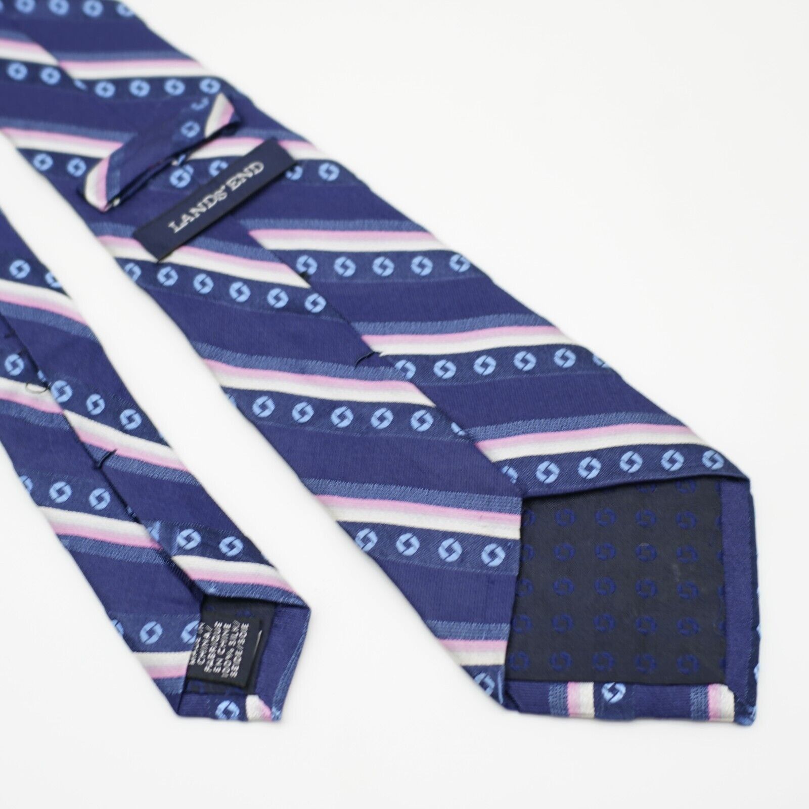 Lands' End Land's End Blue Pink Striped Geometric Woven Long Silk Tie Size ONE SIZE - 6 Thumbnail
