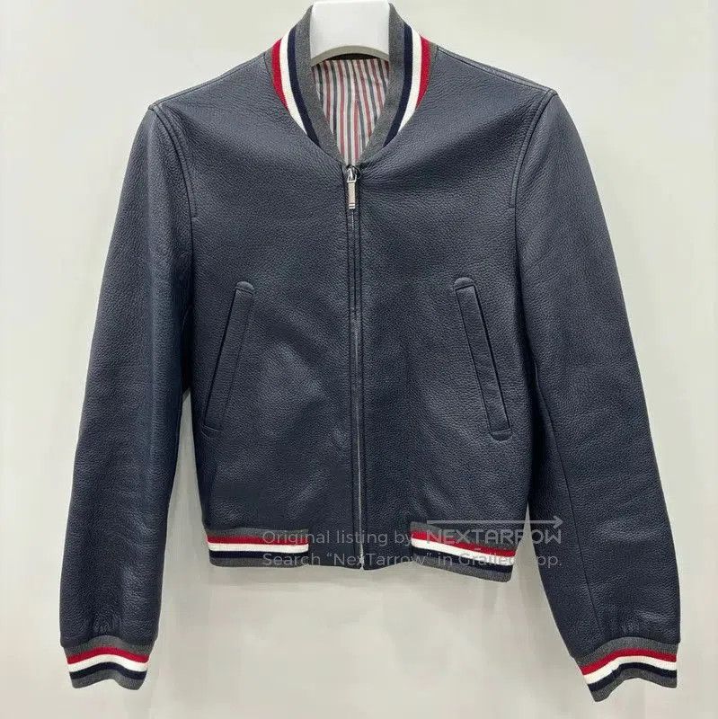 Thom Browne Thom Browne Navy Leather Striped Women's Jacket . Size S / US 4 / IT 40 - 1 Thumbnail