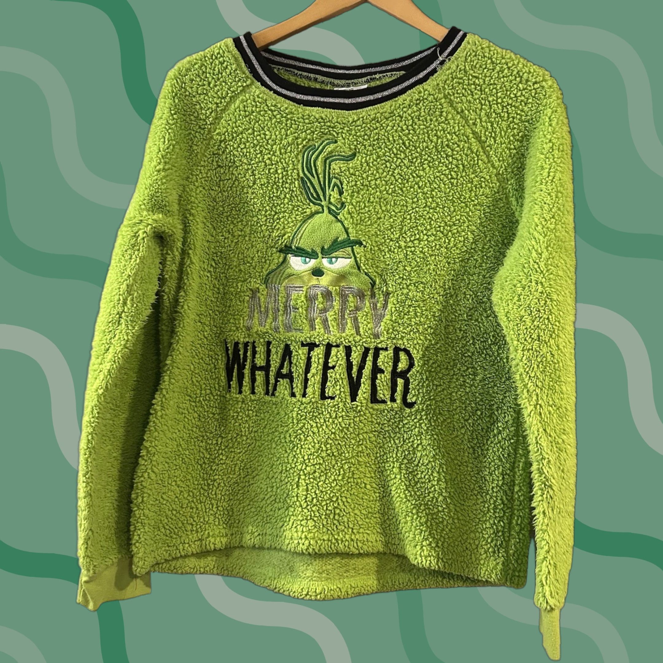 Vintage Sherpa The Grinch Dr Seuss Embroidered Fleece Christmas Sweater Pullover Large Green Unisex Adults Size L / US 10 / IT 46 - 1 Thumbnail
