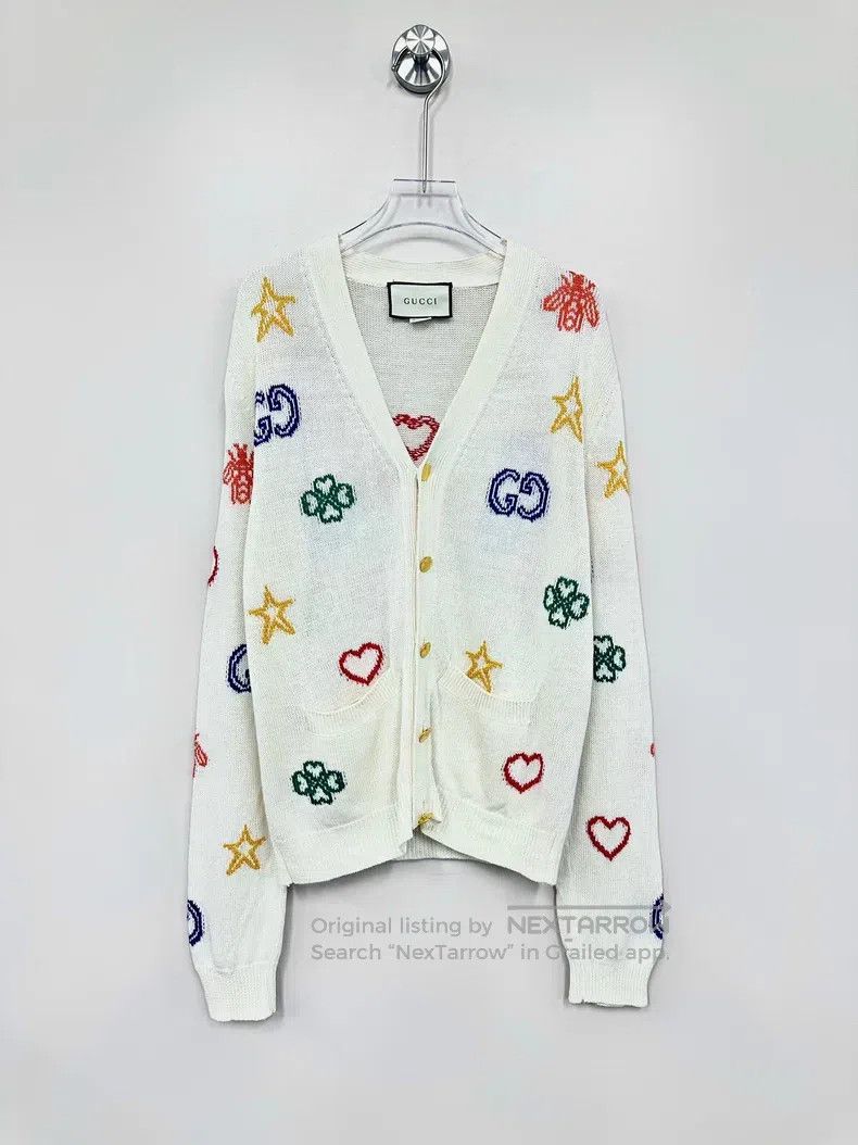 Gucci Gucci Beige iconic symbol love jacquard knitted cardigan c Size S / US 4 / IT 40 - 1 Thumbnail