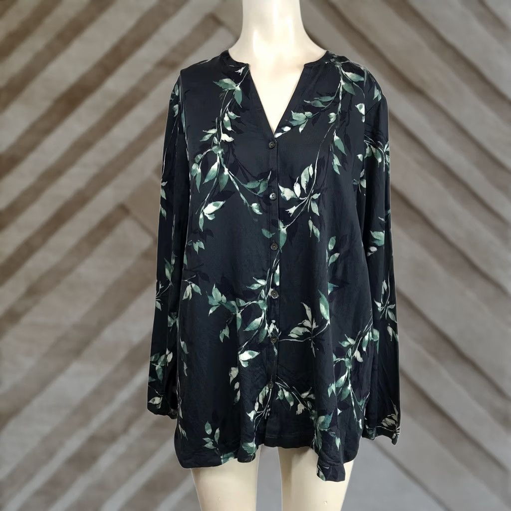 Vintage Pure Jill Blouse Womens Button Front Long Sleeve Leaf Print Dark Gray M Size M / US 6-8 / IT 42-44 - 1 Thumbnail