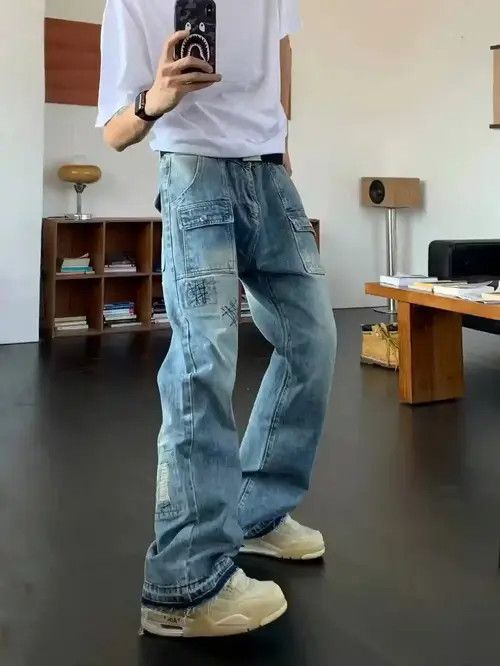 image of Vintage Baggy Faded Hiphop Flared Cargo Jeans in Blue Fade, Men's (Size 28)