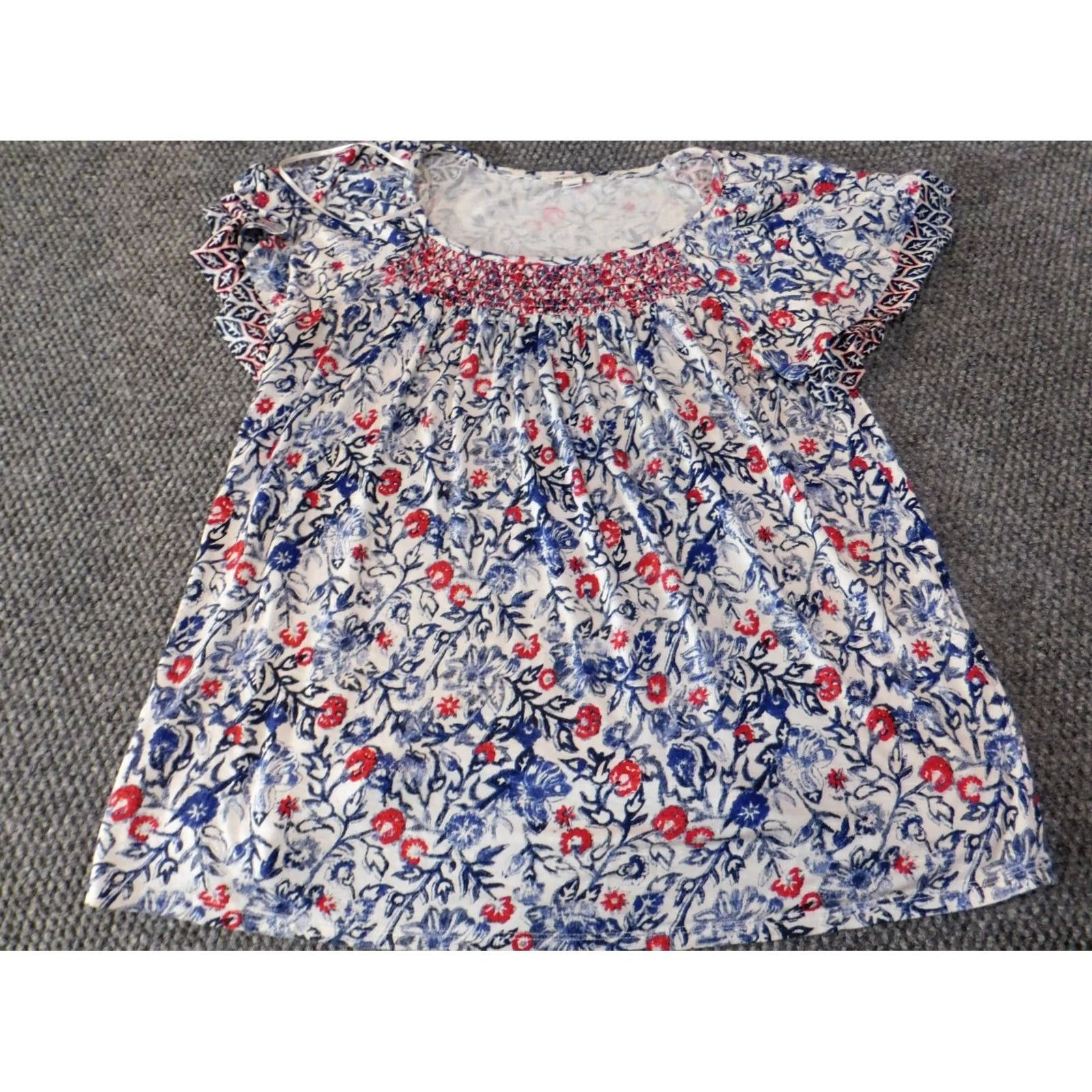 Vintage Westport Womens Blouse S Blue Floral Rayon Spandex Crew Neck Pullover Top Casual Short Sleeve Ruffle Classic Stretch Regular Womens Size S / US 4 / IT 40 - 4 Thumbnail