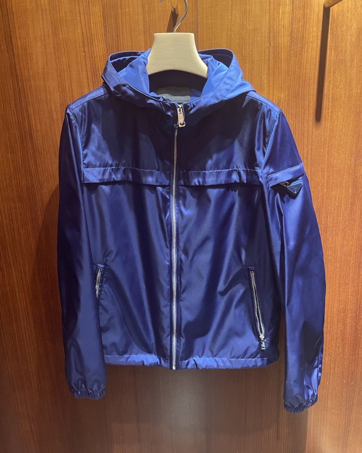 image of Prada Re-Nylon Hooded Windbreaker Jacket in Blue, Men's (Size 2XL)