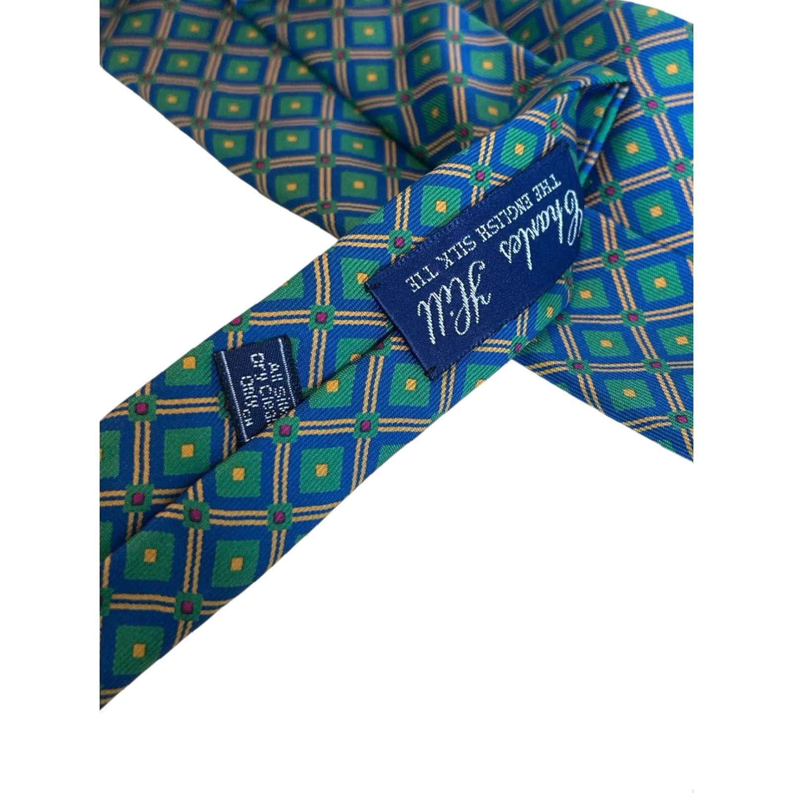 Vintage CHARLES HILL Made In England Emerald Green Blue Diamond Motif Tie DESIGNER Size ONE SIZE - 6 Thumbnail