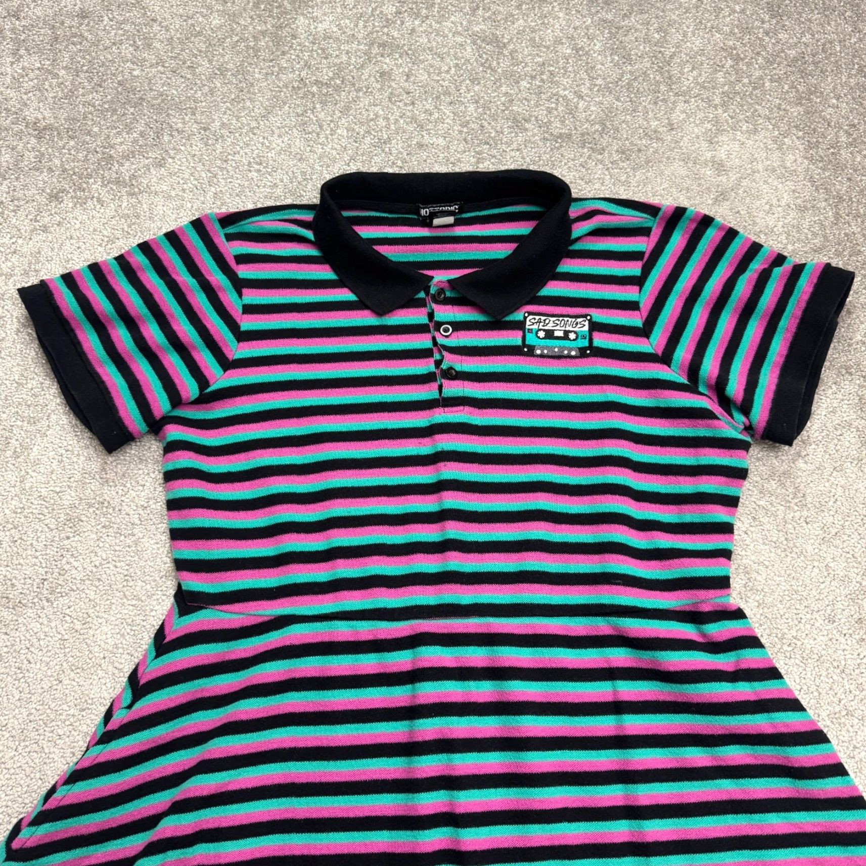 Hot Topic VINTAGE Hot Topic Sad Song A-Line Mini Polo Dress Womens 2 Striped Short Sleeve Casual Spring Summer Pink Green Black Cotton Blend Size XS / US 0-2 / IT 36-38 - 3 Thumbnail