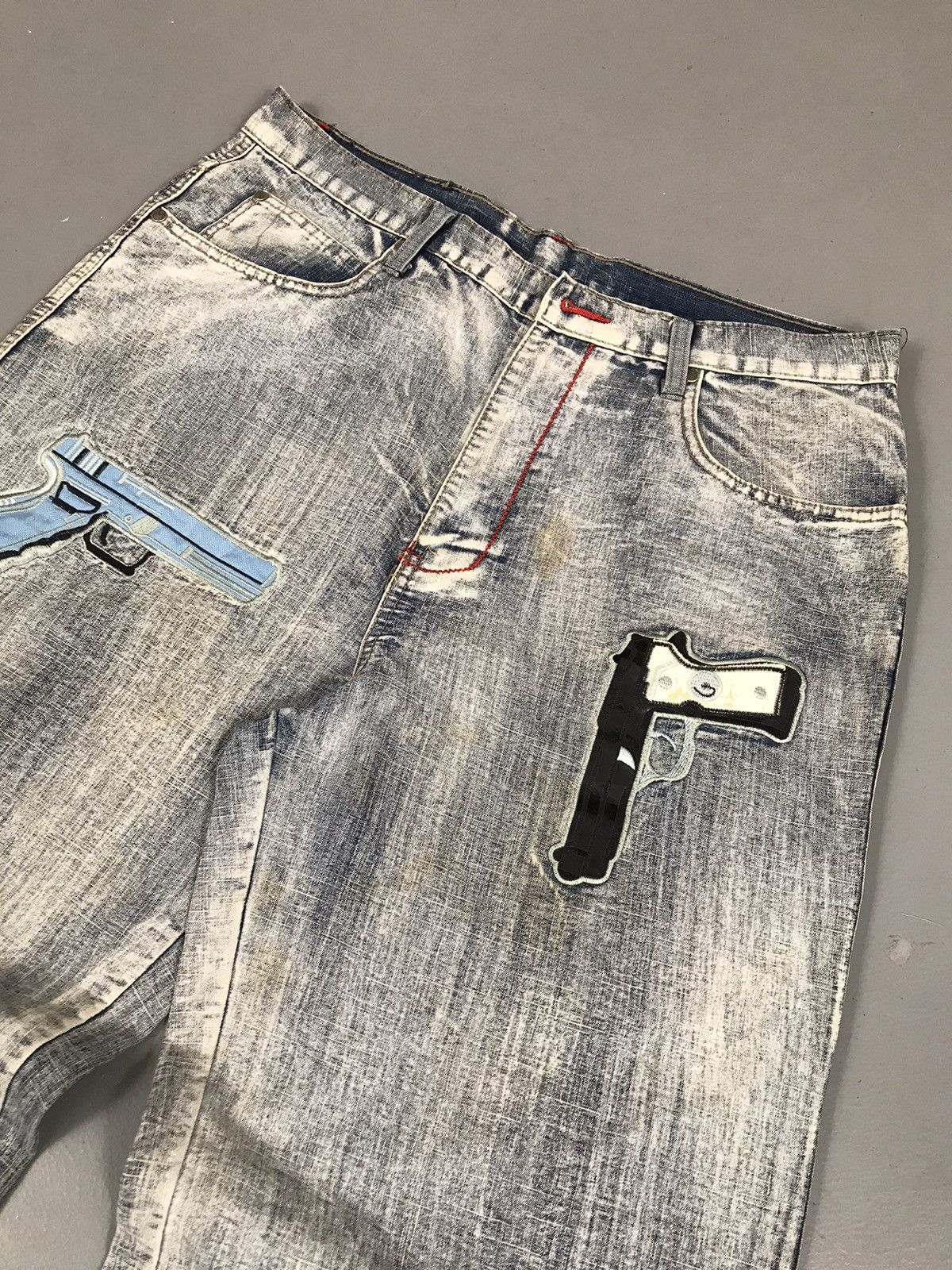 Vintage Vintage Y2K 50 cent Guns crazy embroidered baggy fit denim Size US 35 - 5 Thumbnail